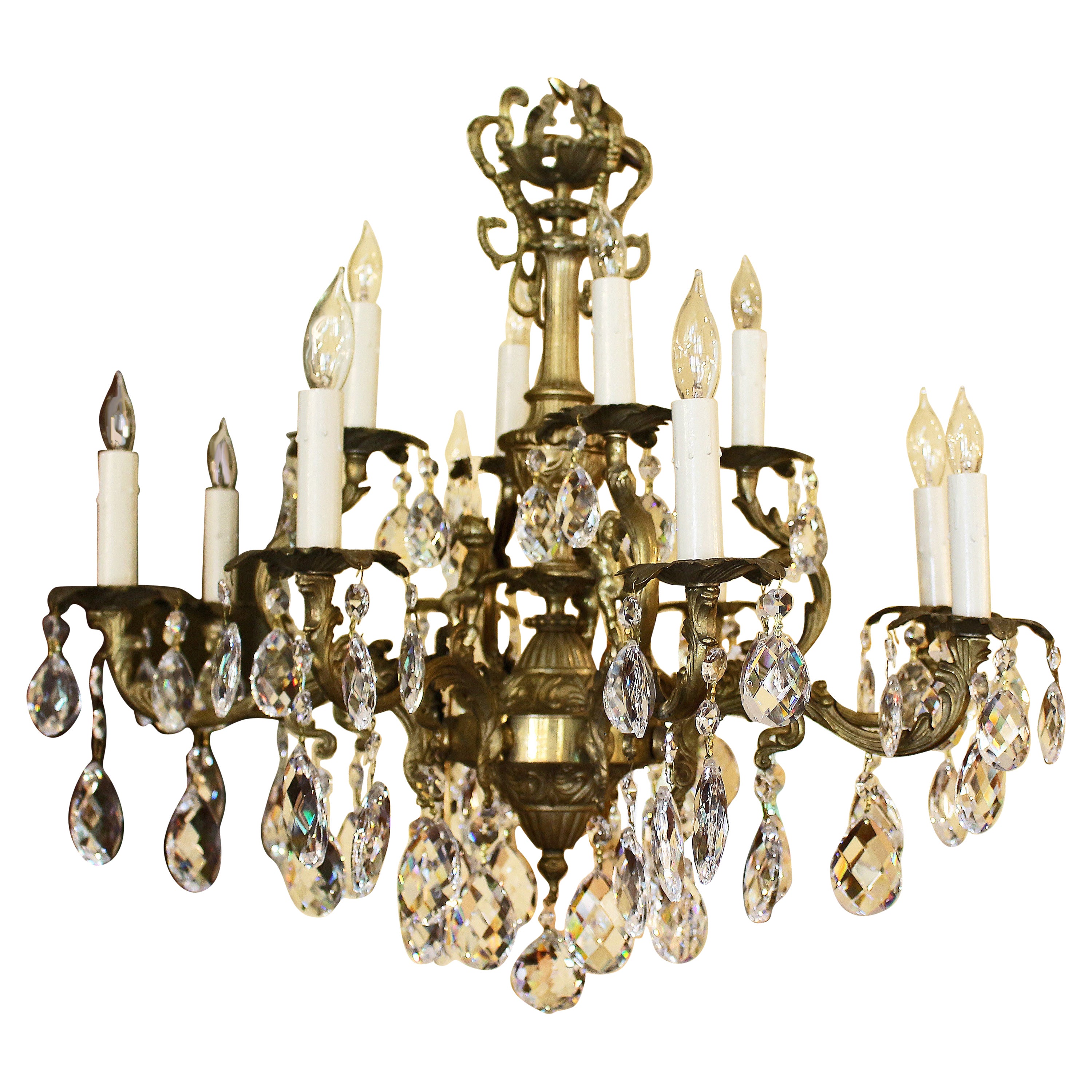 Mid-20th Century Crystal & Bronze 12-Light Chandlier