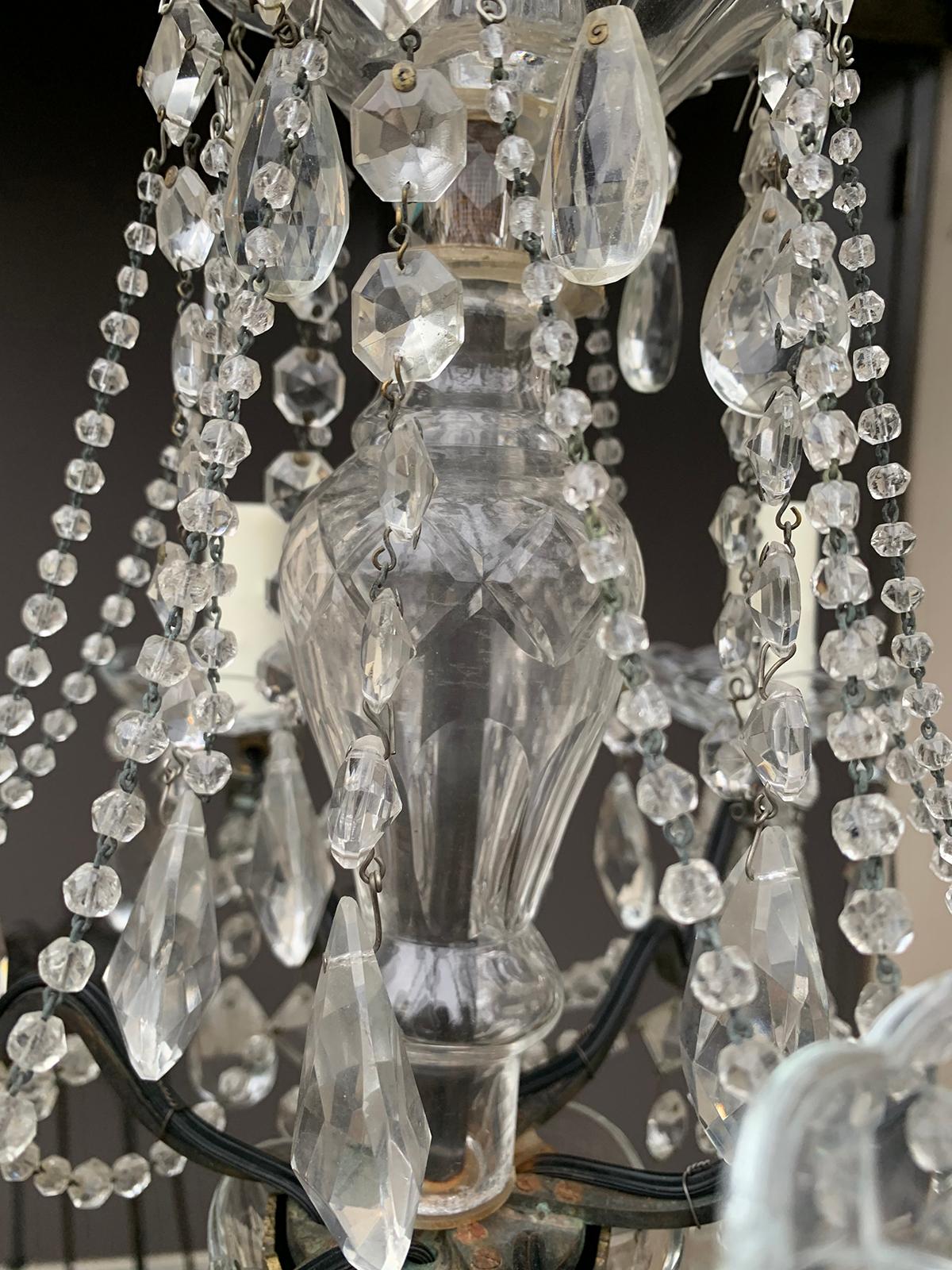 Mid-20th Century Crystal and Bronze Six-Arm Chandelier with Prisms 7