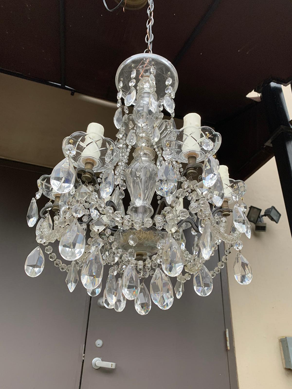 Mid-20th Century Crystal and Bronze Six-Arm Chandelier with Prisms 11