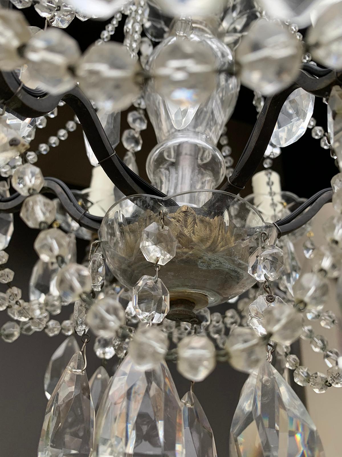 Mid-20th Century Crystal and Bronze Six-Arm Chandelier with Prisms 13