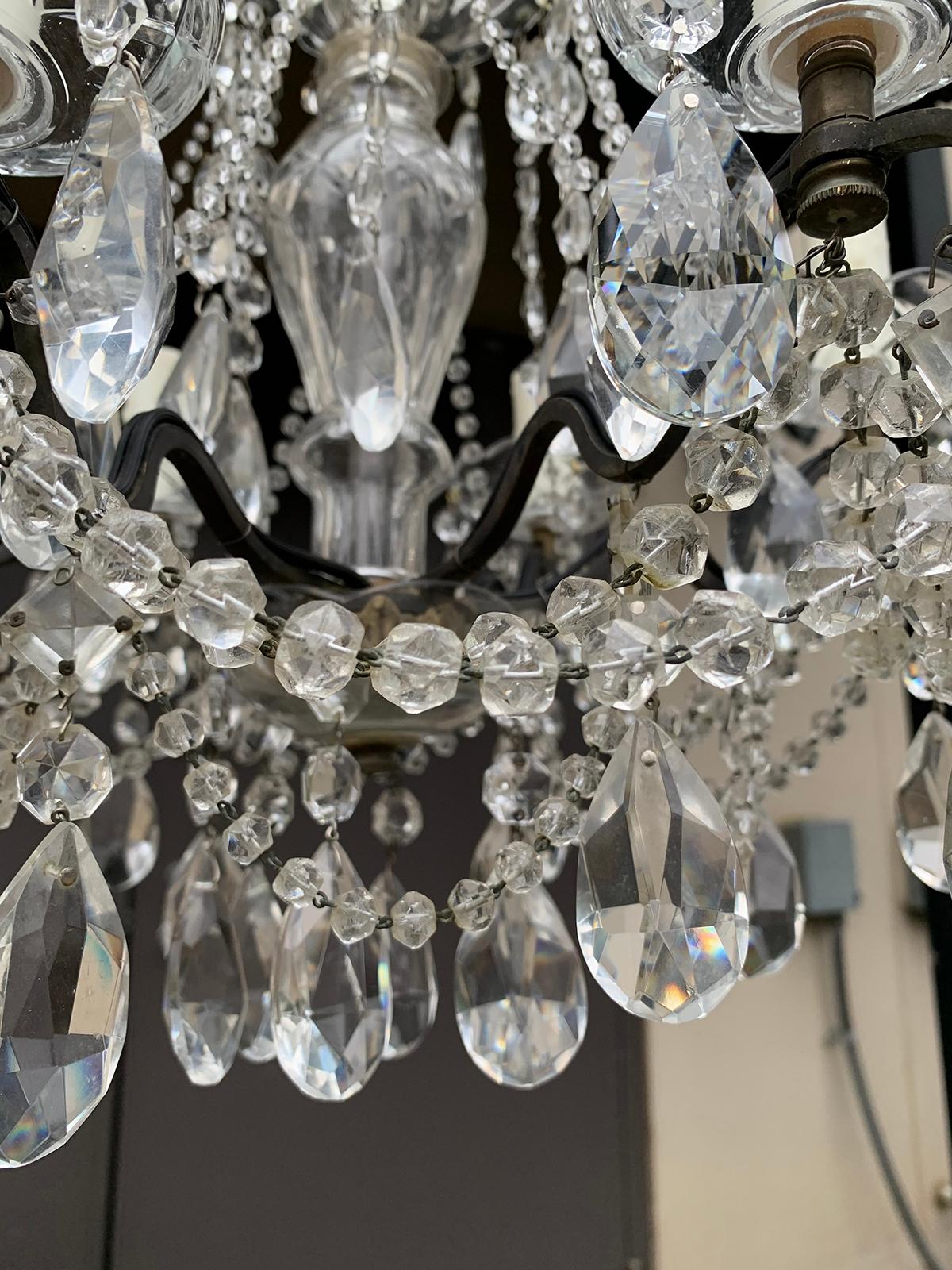 Mid-20th Century Crystal and Bronze Six-Arm Chandelier with Prisms 14