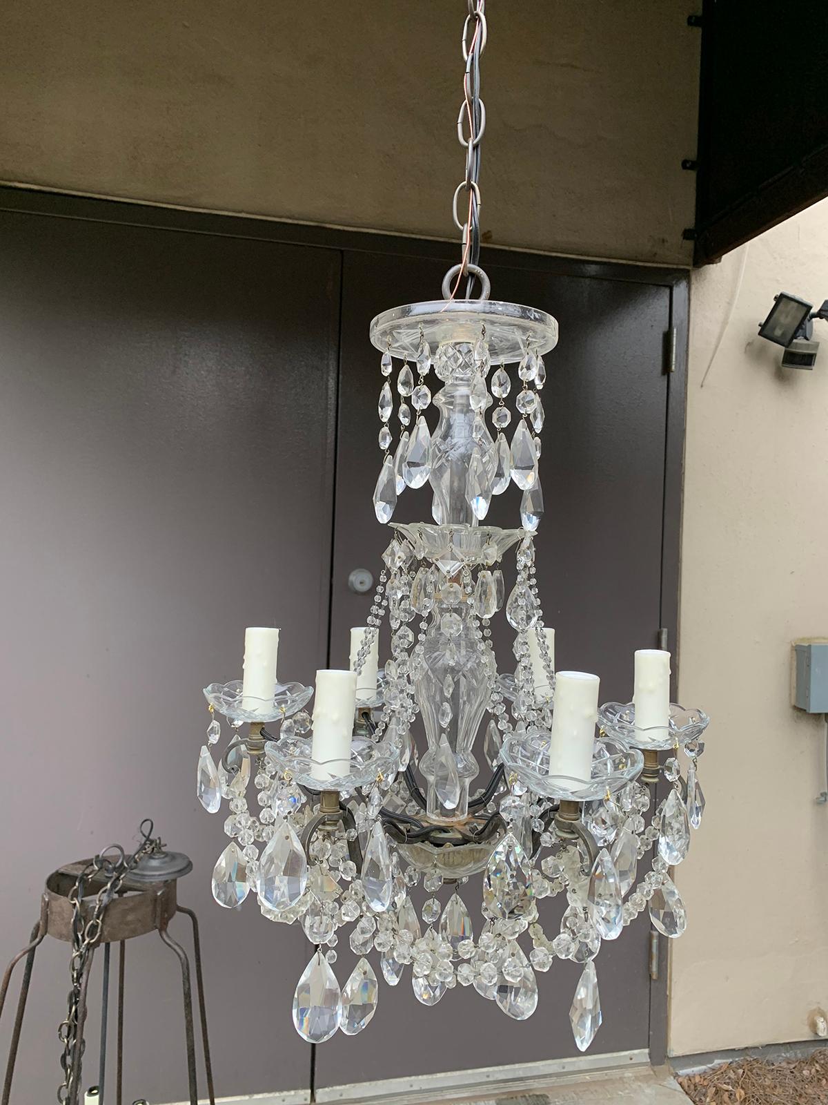 Mid-20th Century Crystal and Bronze Six-Arm Chandelier with Prisms In Good Condition In Atlanta, GA