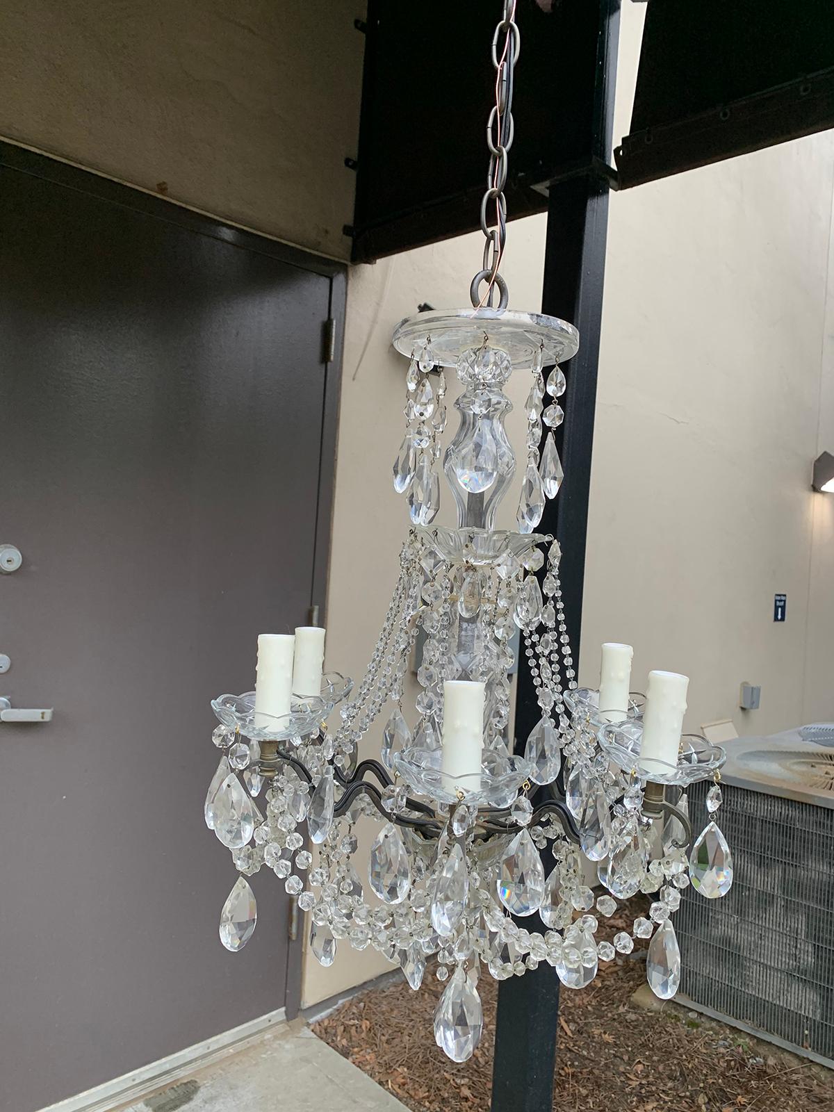 Mid-20th Century Crystal and Bronze Six-Arm Chandelier with Prisms 1