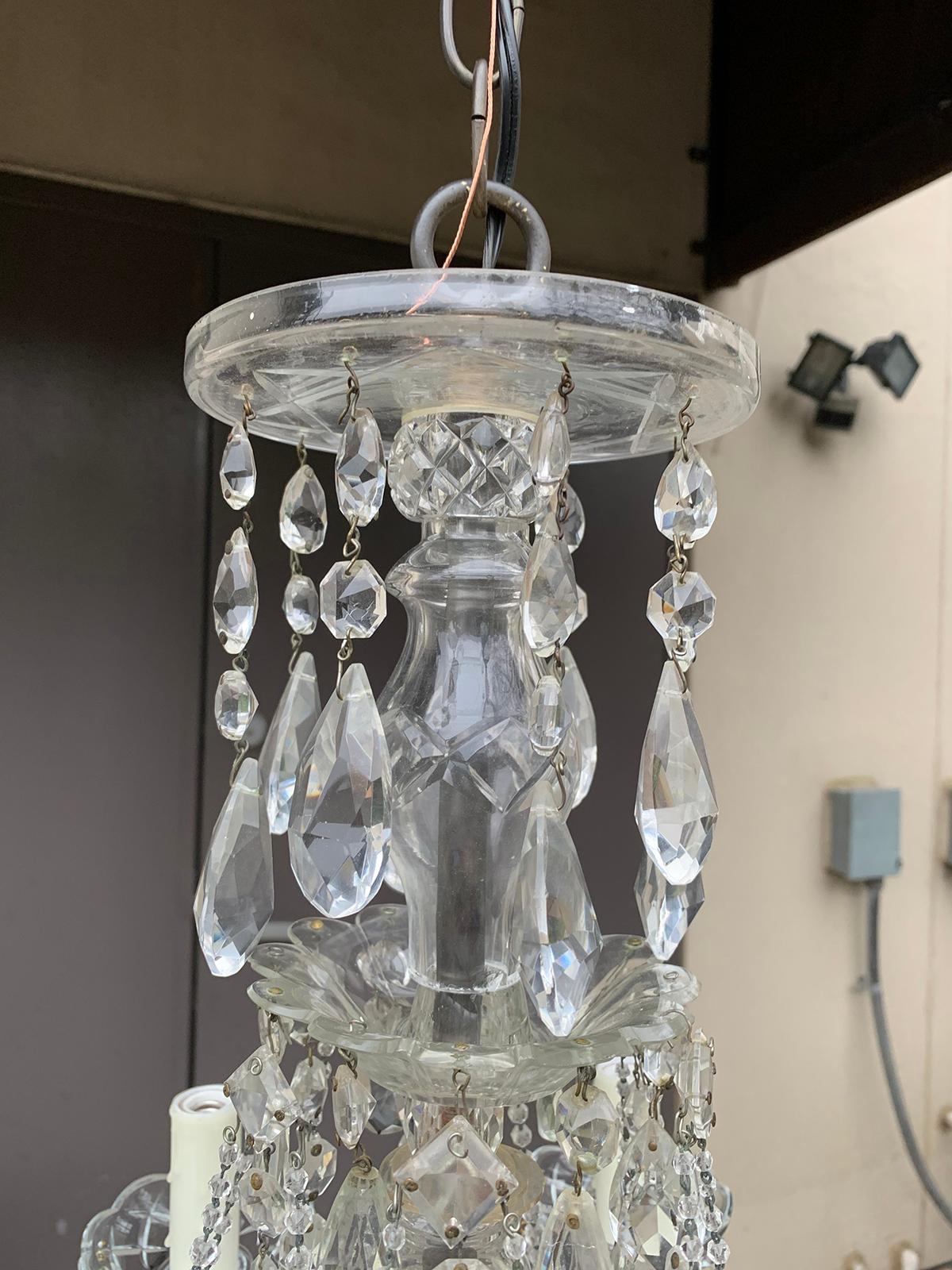 Mid-20th Century Crystal and Bronze Six-Arm Chandelier with Prisms 4