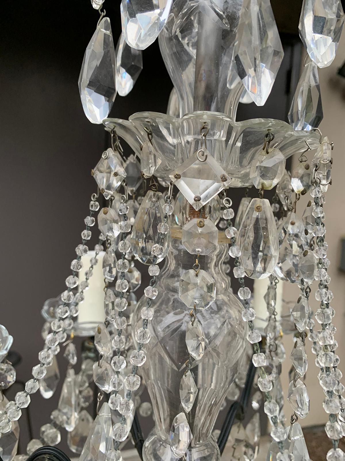 Mid-20th Century Crystal and Bronze Six-Arm Chandelier with Prisms 6