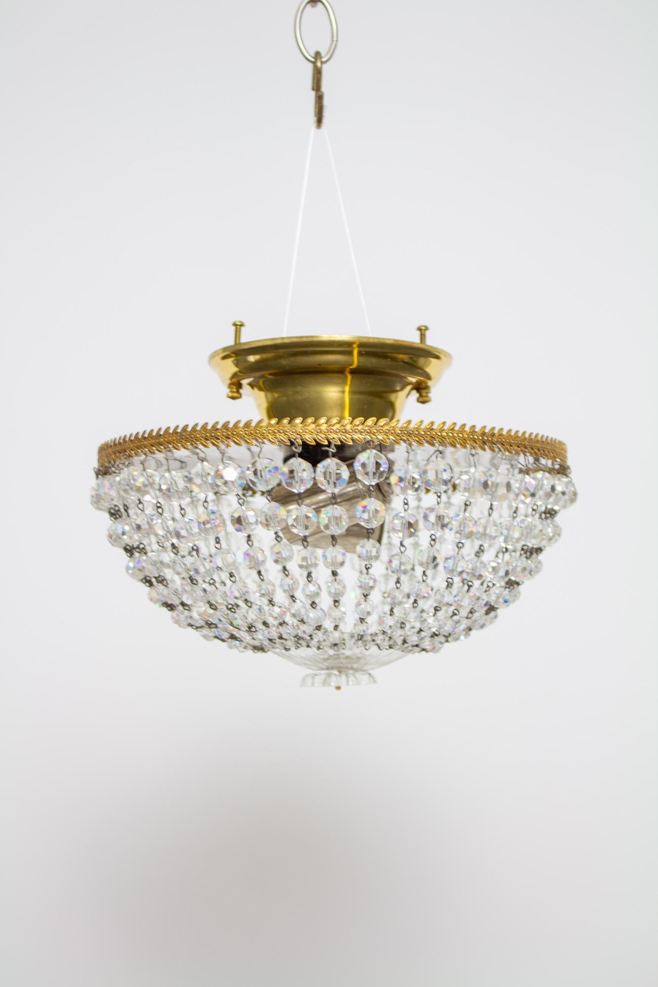 Mid 20th Century Crystal Semi Flush Mount Basket In Good Condition In Canton, MA