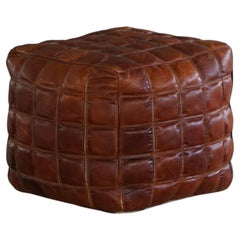 Mid-20th Century, Cube Pouf / Ottoman in Patinated Brown Leather, 1960s