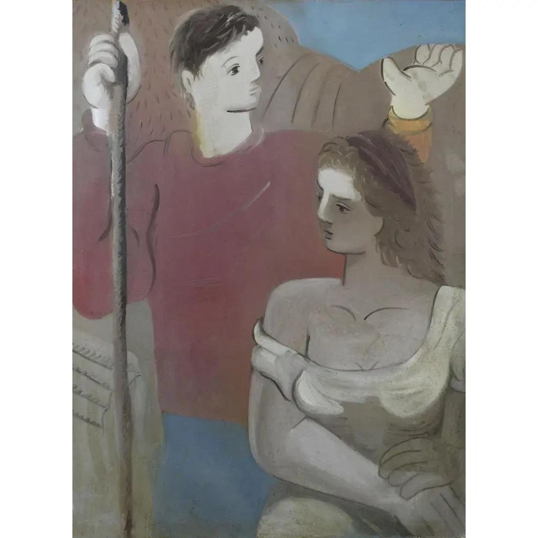 Pintura cubista de pareja de mediados del siglo XX, óleo sobre lienzo, enmarcada Desconocido en venta