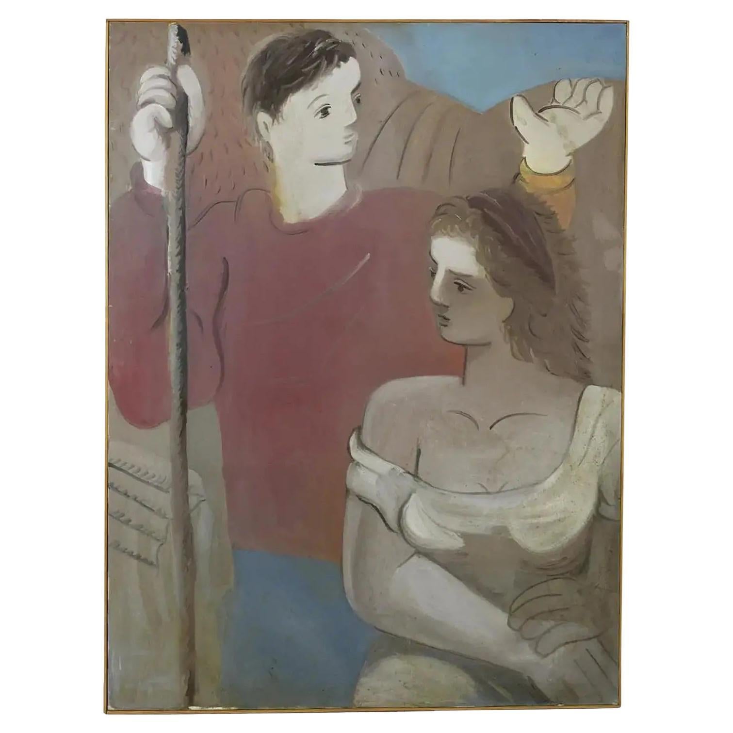 Pittura cubista di coppia della metà del XX secolo, olio su tela, incorniciata