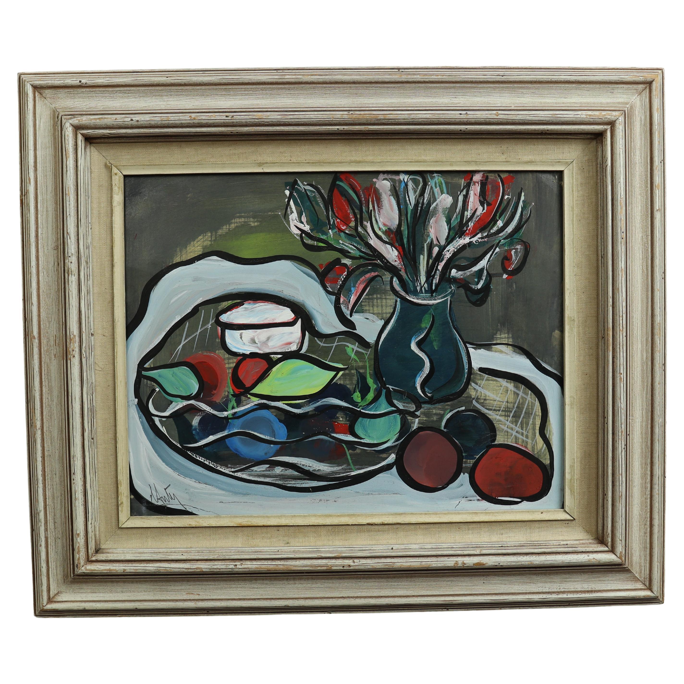 Mid 20th Century Cubist Still Life Painting Tempura on Paper Signed Auto
