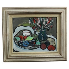 Mid 20th Century Cubist Still Life Painting Tempura on Paper Signed Auto