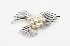 Mid 20th Century Cultured Pearl Sterling Silver Spray Brooch Pendant