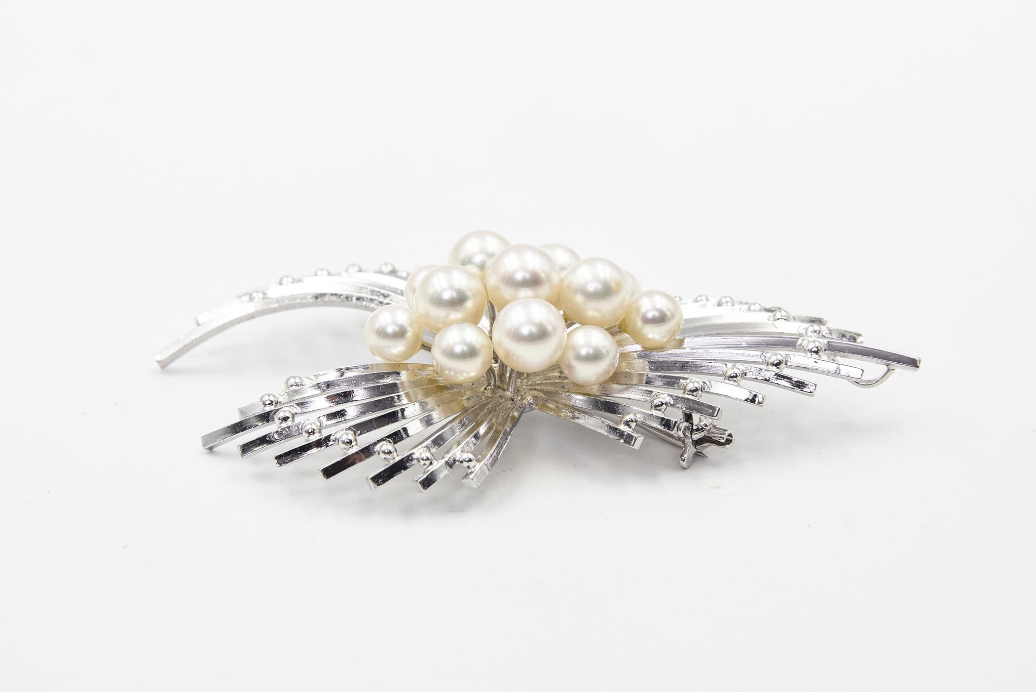 Mid 20th Century Cultured Pearl Sterling Silver Spray Brooch Pendant For Sale 2