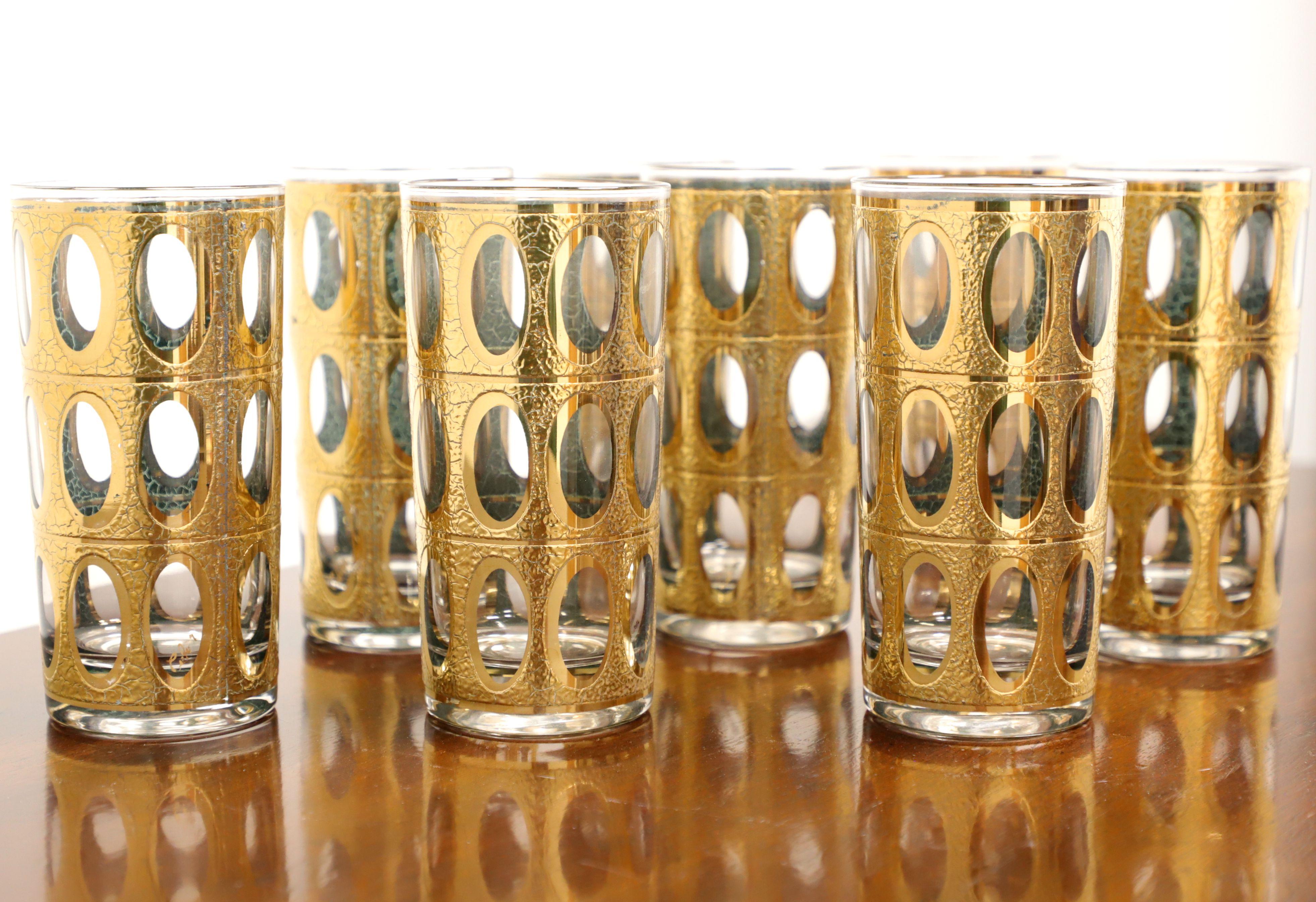 Mid-Century Modern CULVER - Verres hauts de gamme « Pinka » craquelés en or 22k du milieu du 20e siècle - Lot de 8 en vente