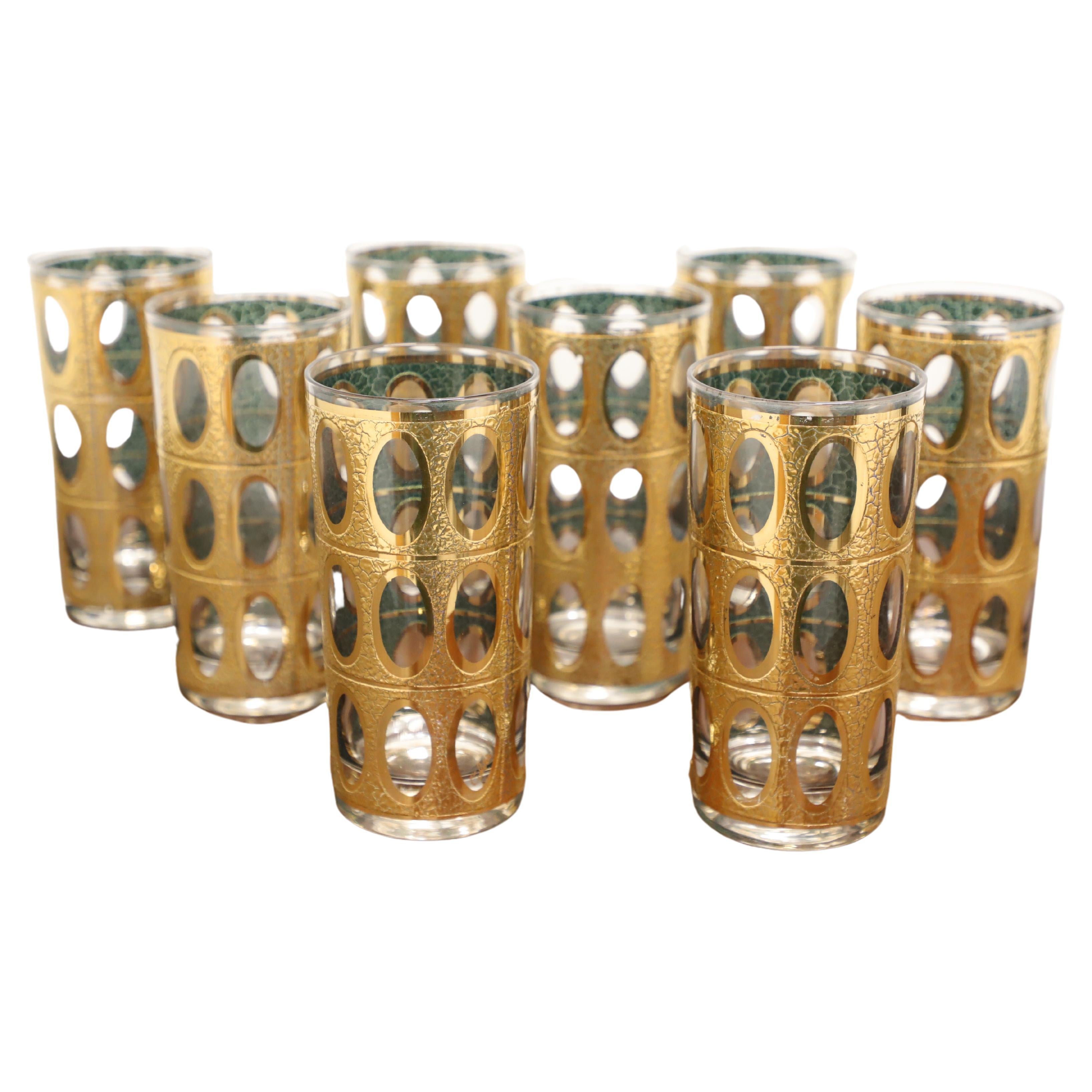 CULVER Mid 20th Century "Pisa" Crackled 22k Gold Highball Glasses - Set of 8 For Sale