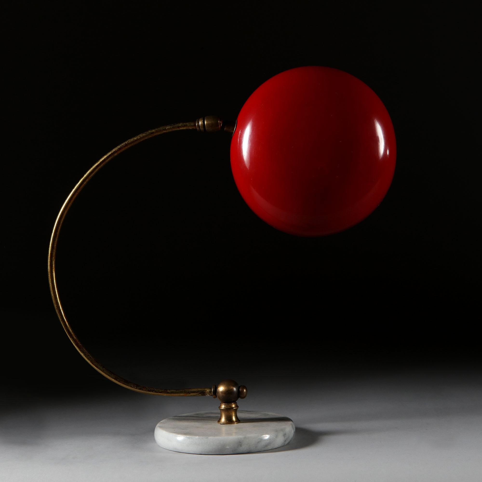 Mid-20th Century Curved Brass, Enamel and Carrara Marble Italian Desk Lamp 1