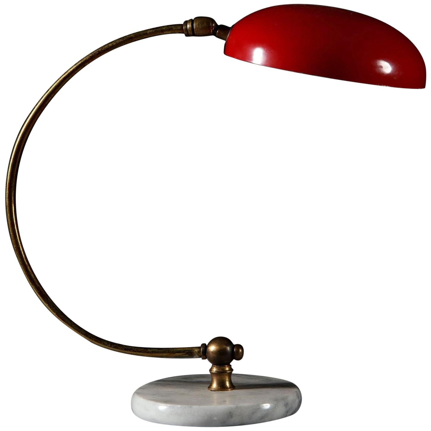 Mid-20th Century Curved Brass, Enamel and Carrara Marble Italian Desk Lamp