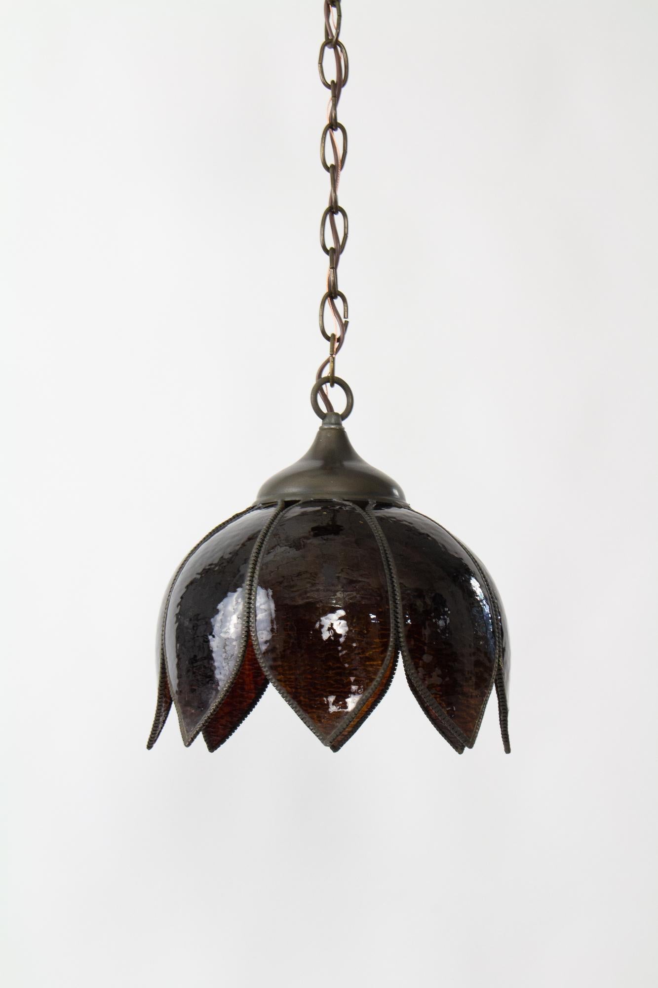 Art Nouveau Mid 20th Century Curved Brown Glass Petal Pendant For Sale