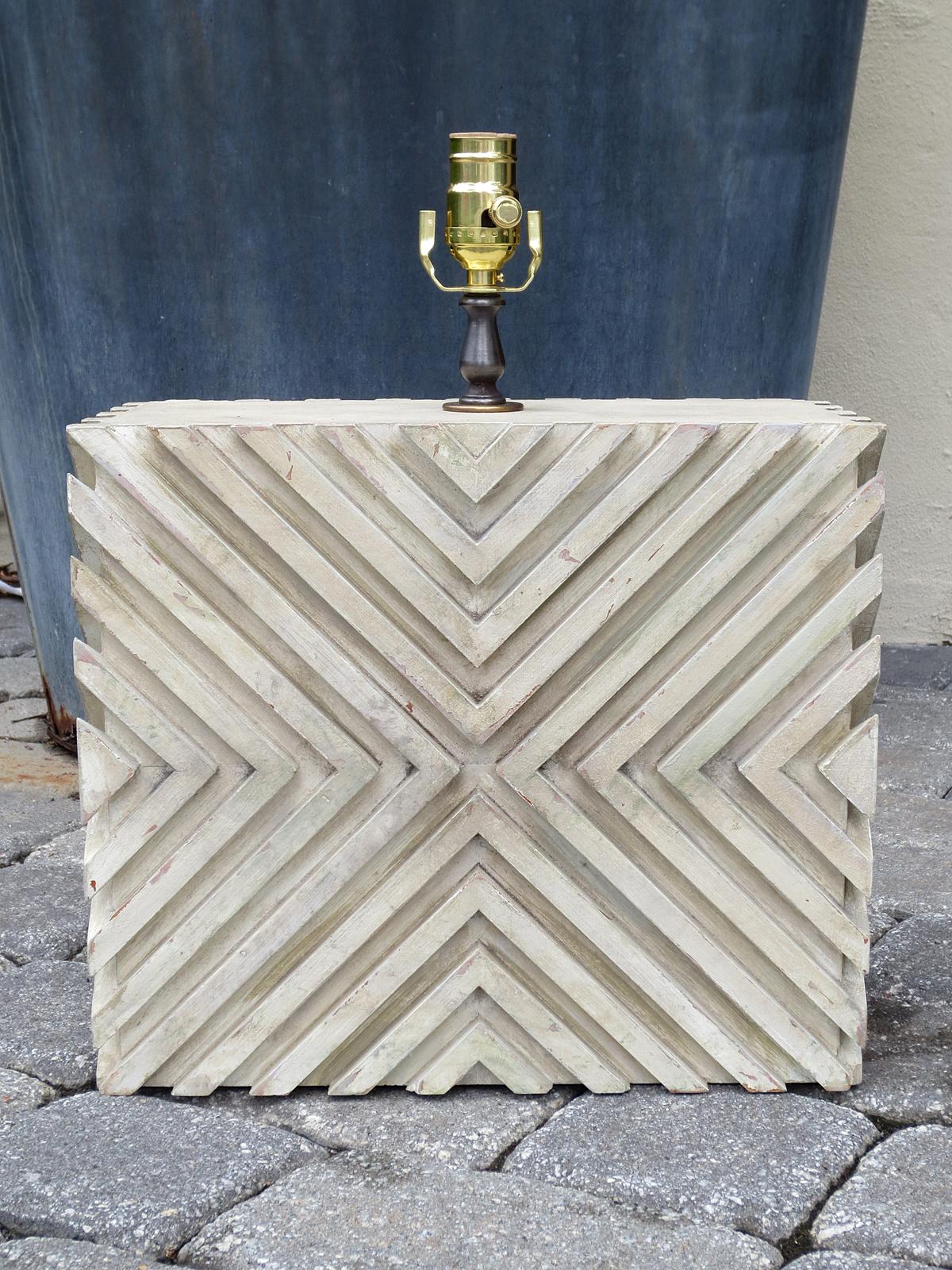 Mid-20th century custom painted wood geometric lamp
New wiring.