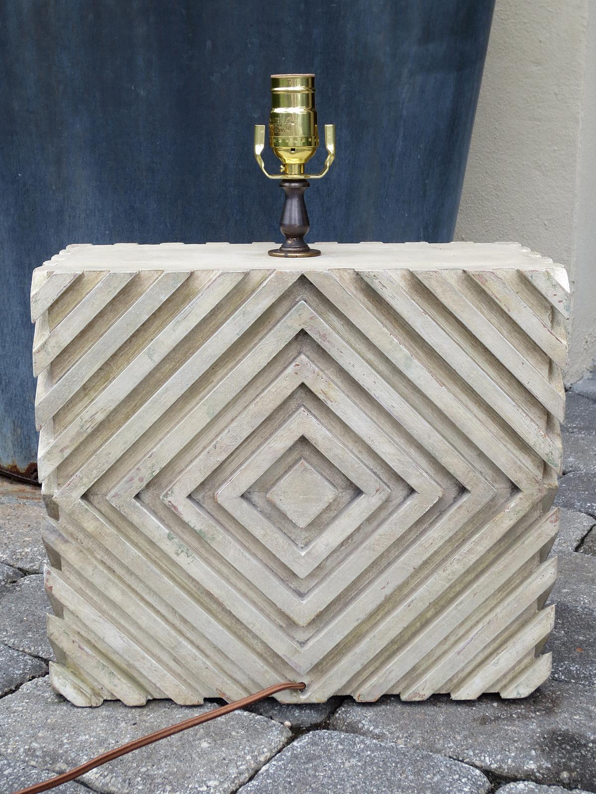 Mid-20th Century Custom Painted Wood Geometric Lamp In Good Condition In Atlanta, GA