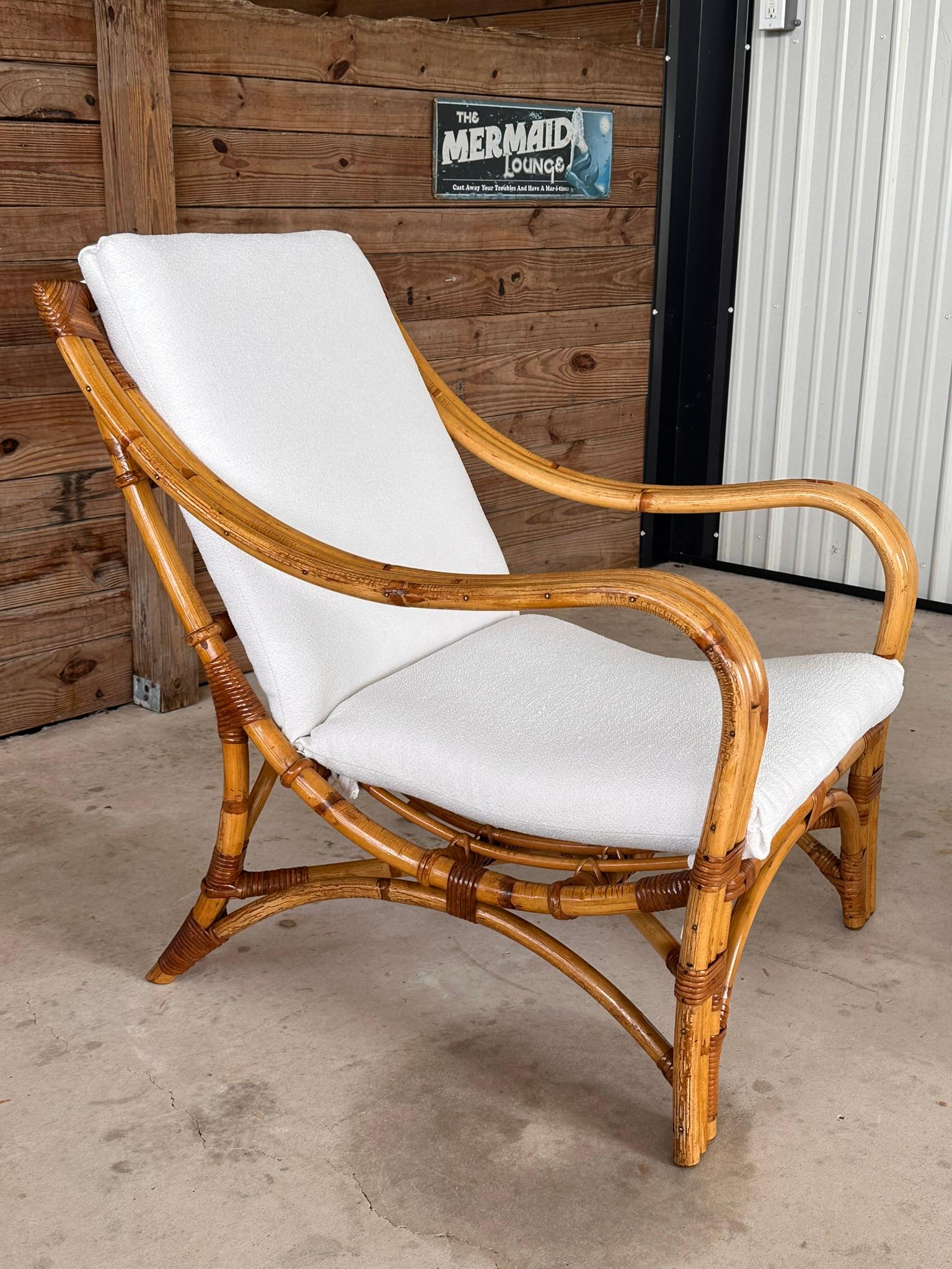 Mid-20th Century Custom Upholstered Three Band Rattan Lounge Chair and Ottoman 4