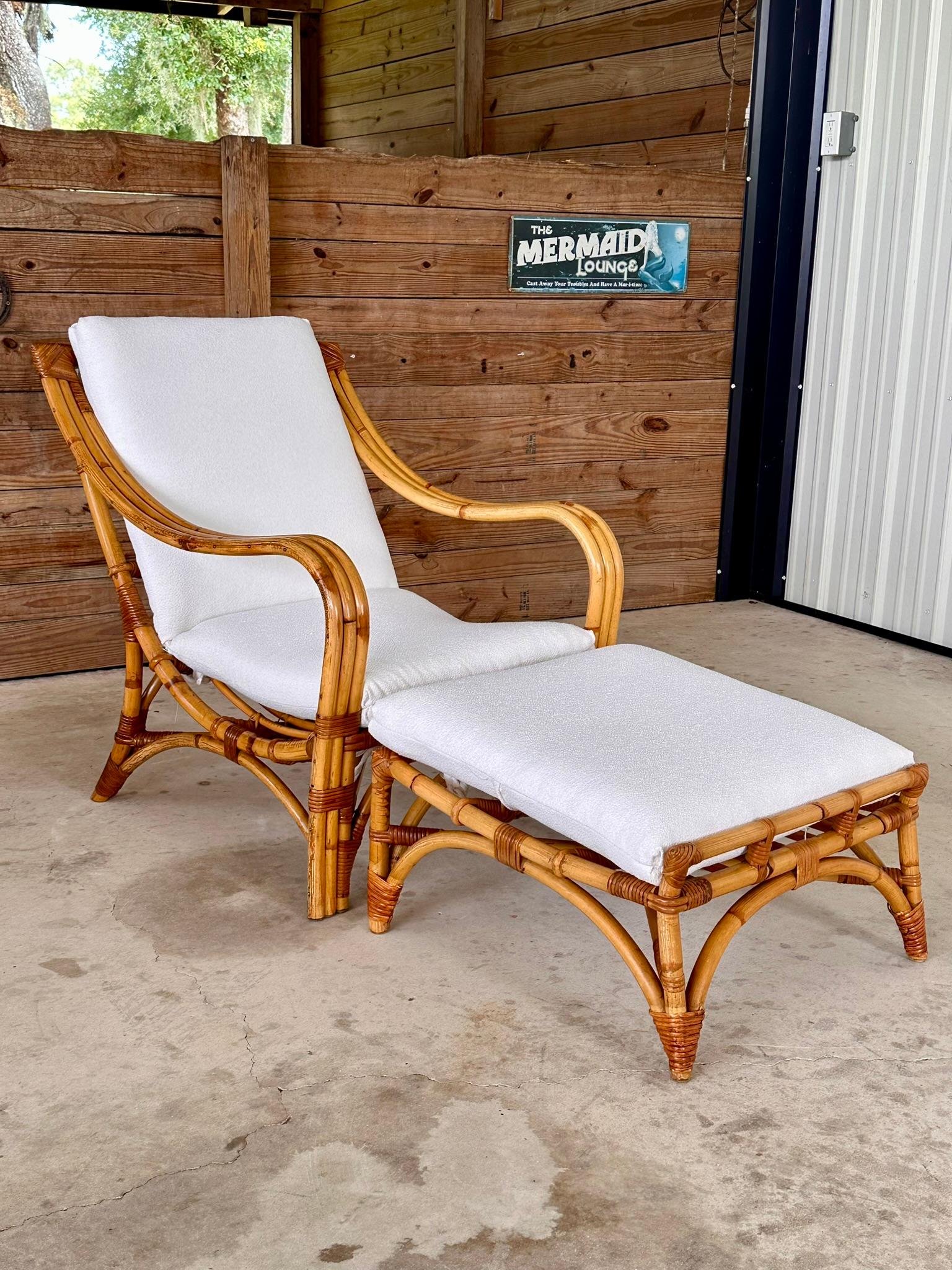 Mid-20th Century Custom Upholstered Three Band Rattan Lounge Chair and Ottoman 5
