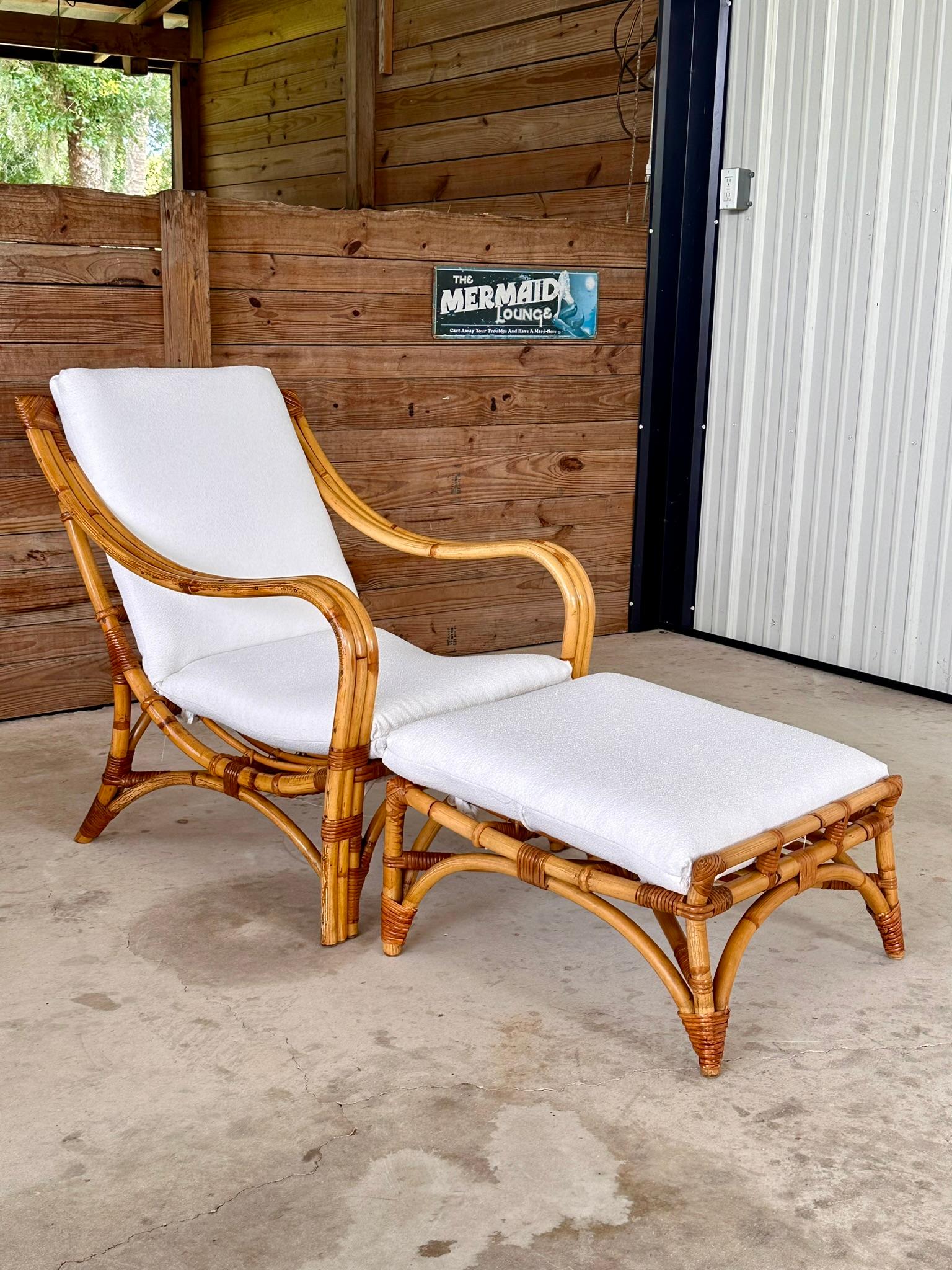 Mid-20th Century Custom Upholstered Three Band Rattan Lounge Chair and Ottoman 6