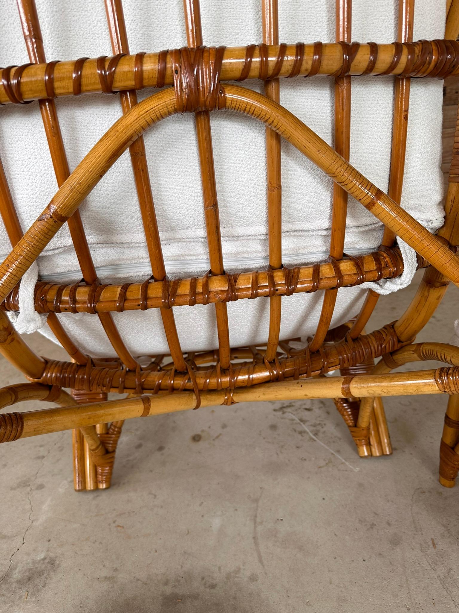Organic Modern Mid-20th Century Custom Upholstered Three Band Rattan Lounge Chair and Ottoman