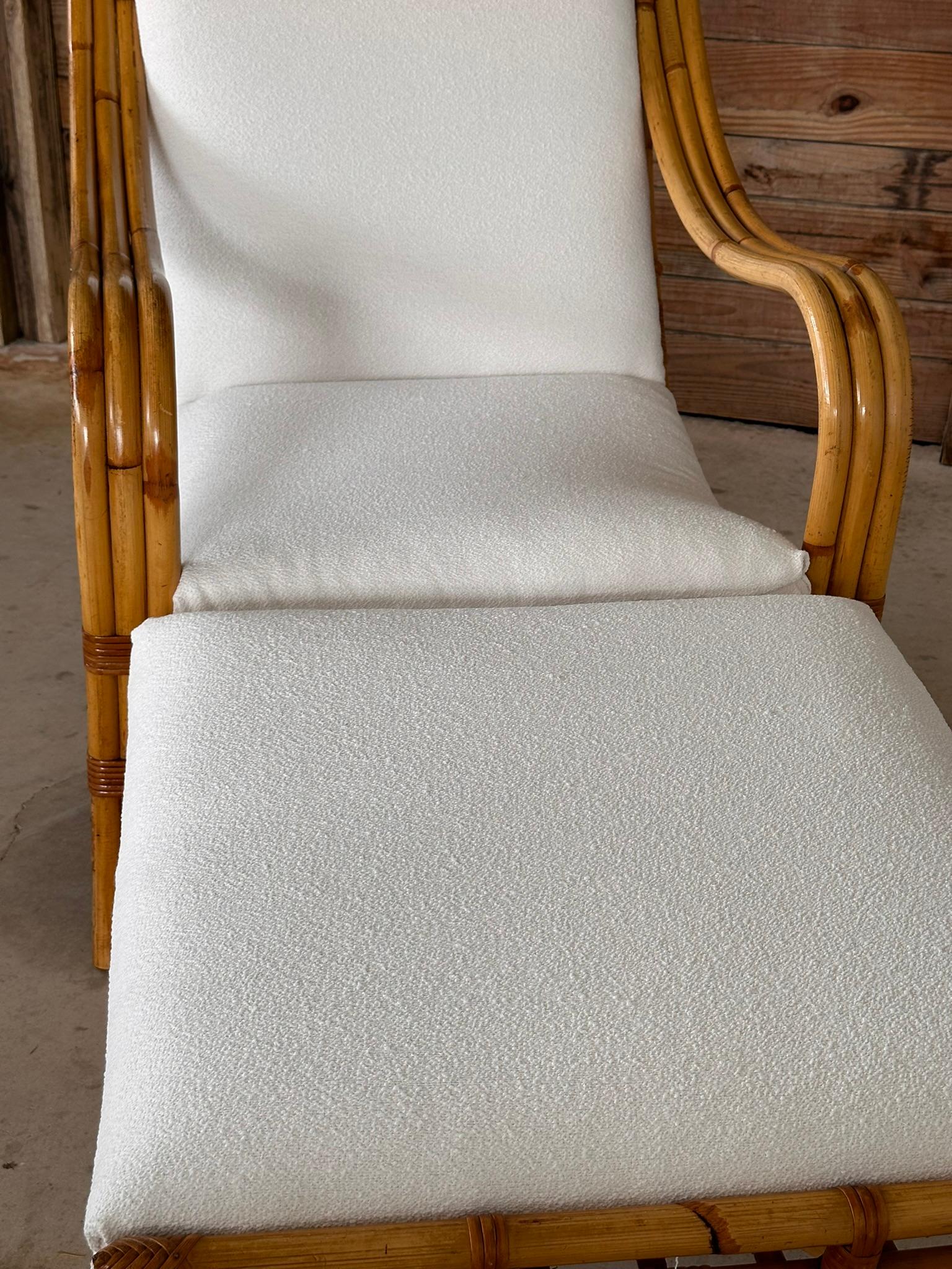 Philippine Mid-20th Century Custom Upholstered Three Band Rattan Lounge Chair and Ottoman