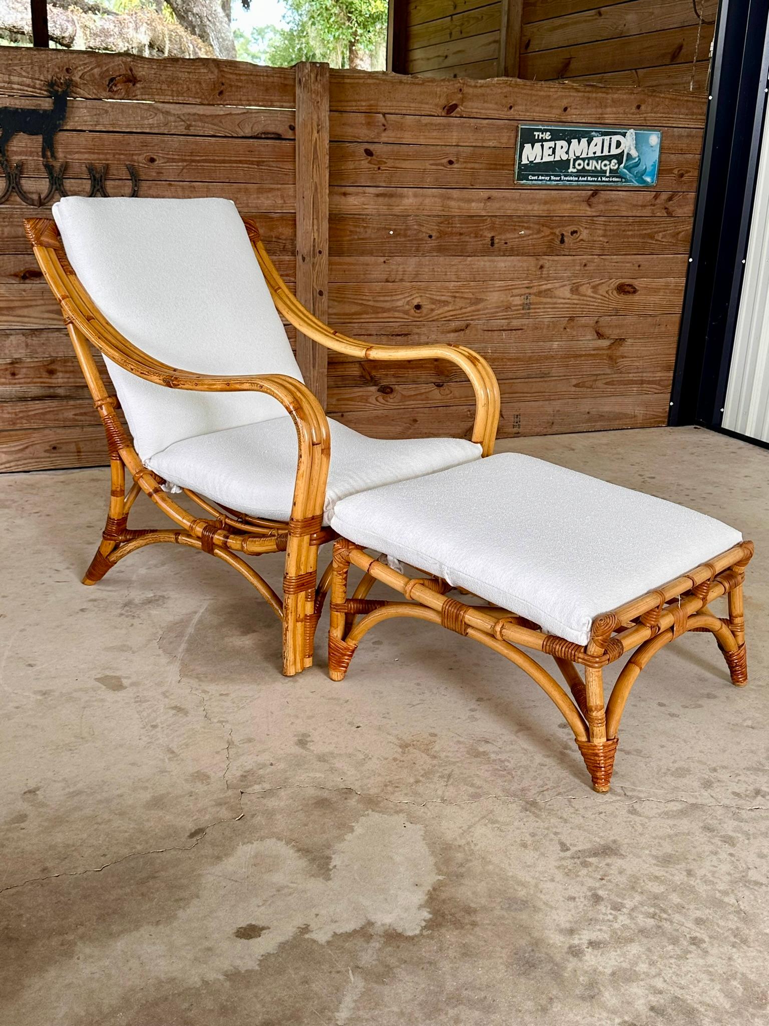 Mid-20th Century Custom Upholstered Three Band Rattan Lounge Chair and Ottoman 1