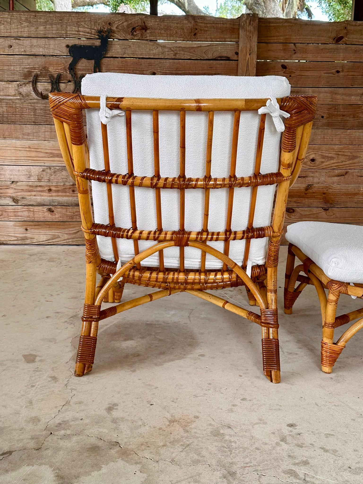 Mid-20th Century Custom Upholstered Three Band Rattan Lounge Chair and Ottoman 2
