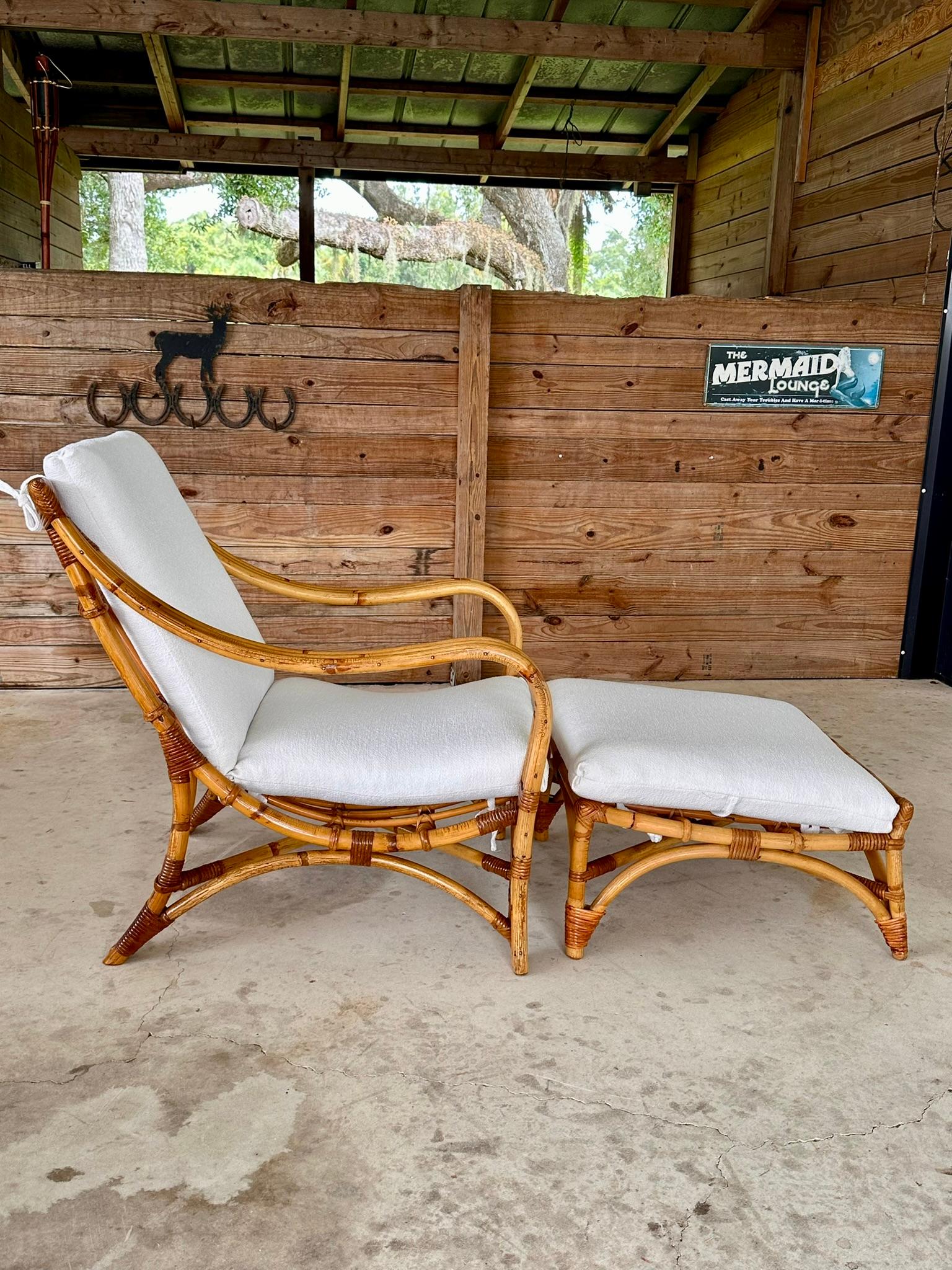 Mid-20th Century Custom Upholstered Three Band Rattan Lounge Chair and Ottoman 3