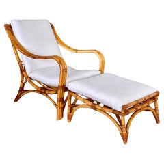 Mid-20th Century Custom Upholstered Three Band Rattan Lounge Chair and Ottoman