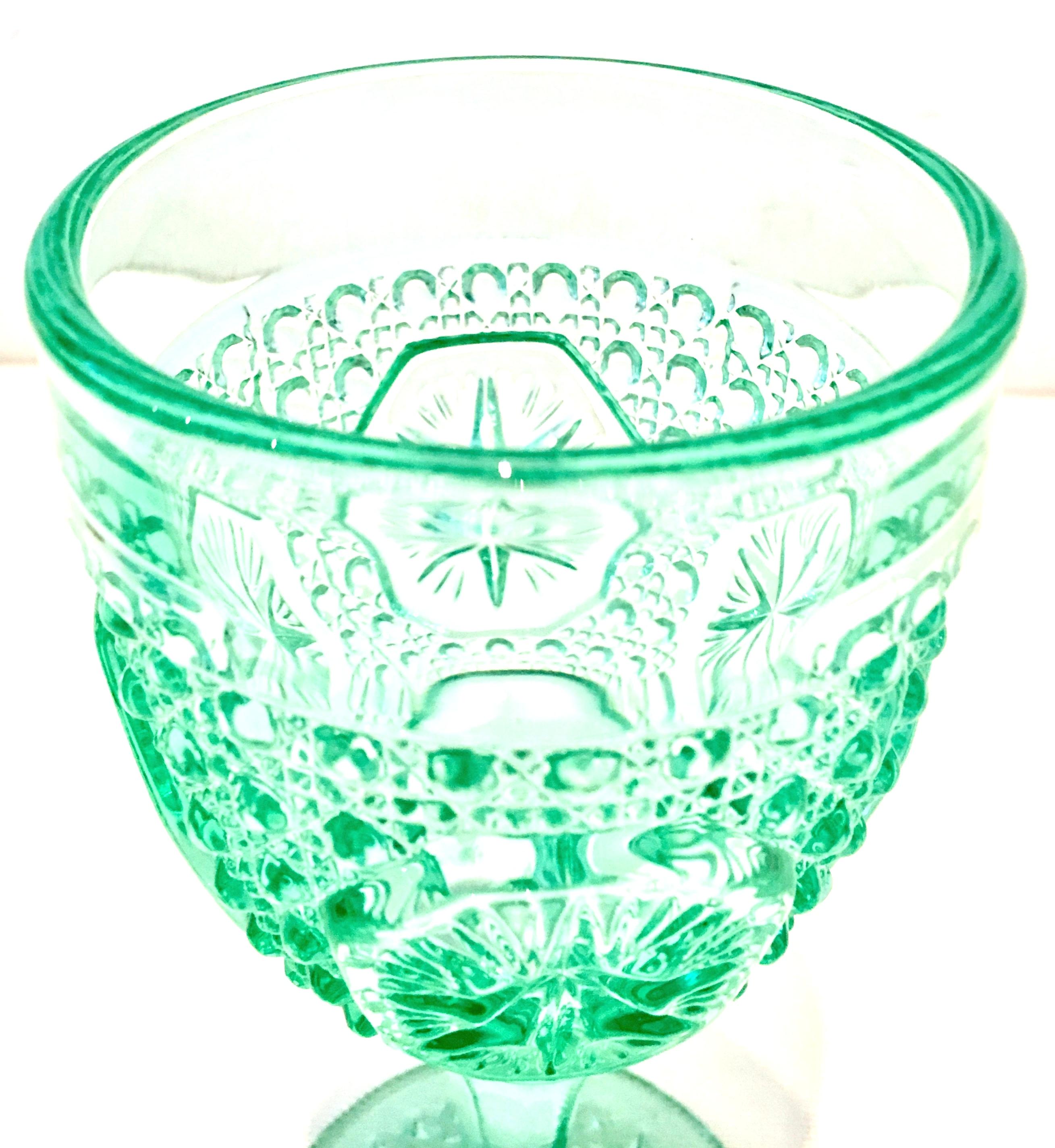 Cut Glass Mid-20th Century Cut Pressed Glass Aqua Stem Drink Glasses Set of 8