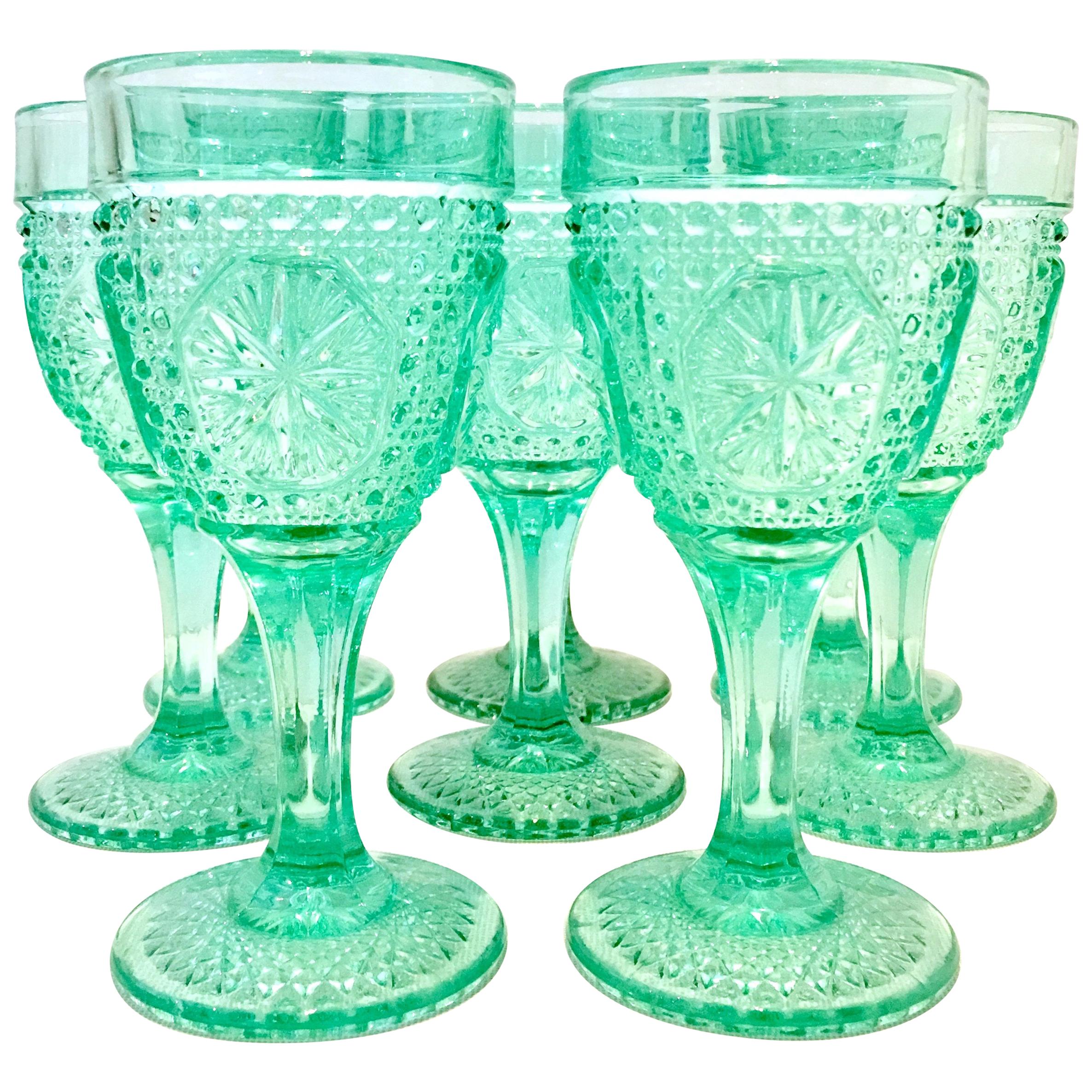 Mid-20th Century Cut Pressed Glass Aqua Stem Drink Glasses Set of 8