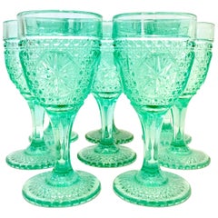 Vintage Mid-20th Century Cut Pressed Glass Aqua Stem Drink Glasses Set of 8