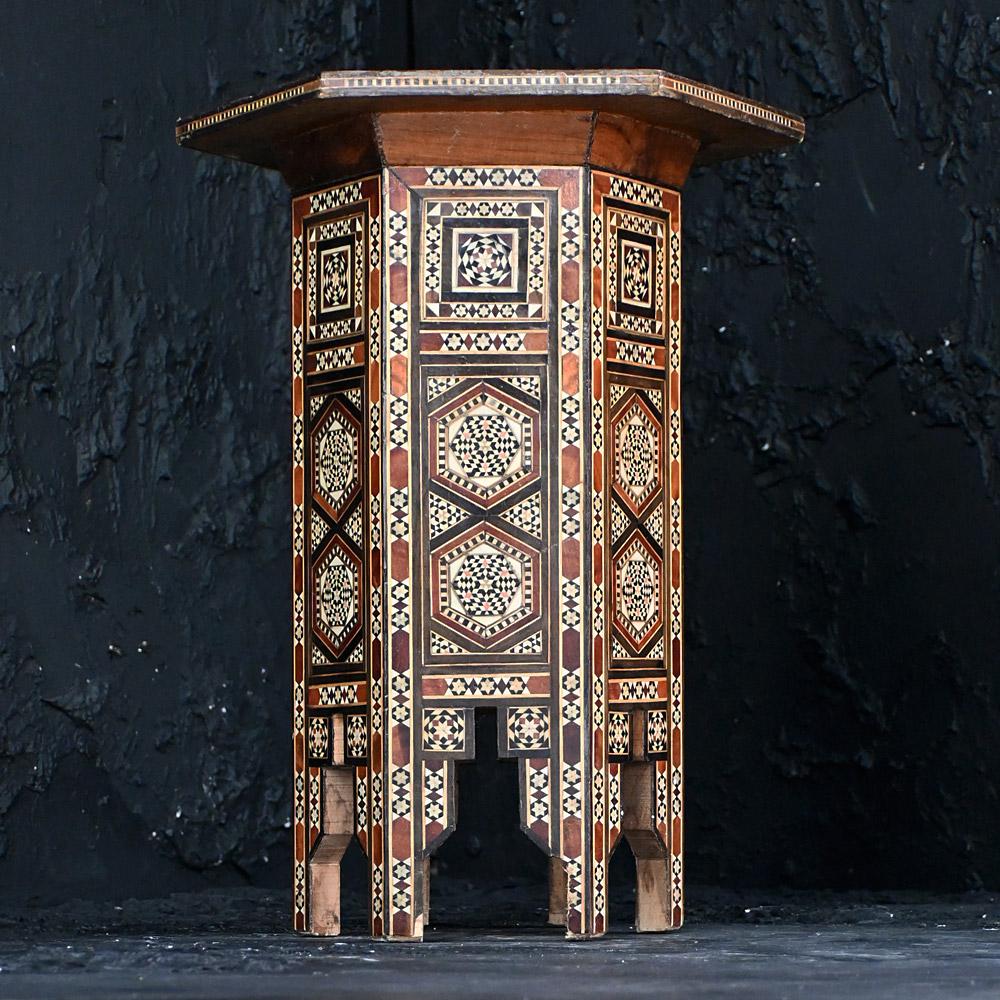 Mid-20th Century Damascus side table 

A highly decorative mid-20th century inlaid Damascus side table. Displaying highly detailed geometric inlaid pattern work. An easily placed interior design piece of furniture that will add colour and style to