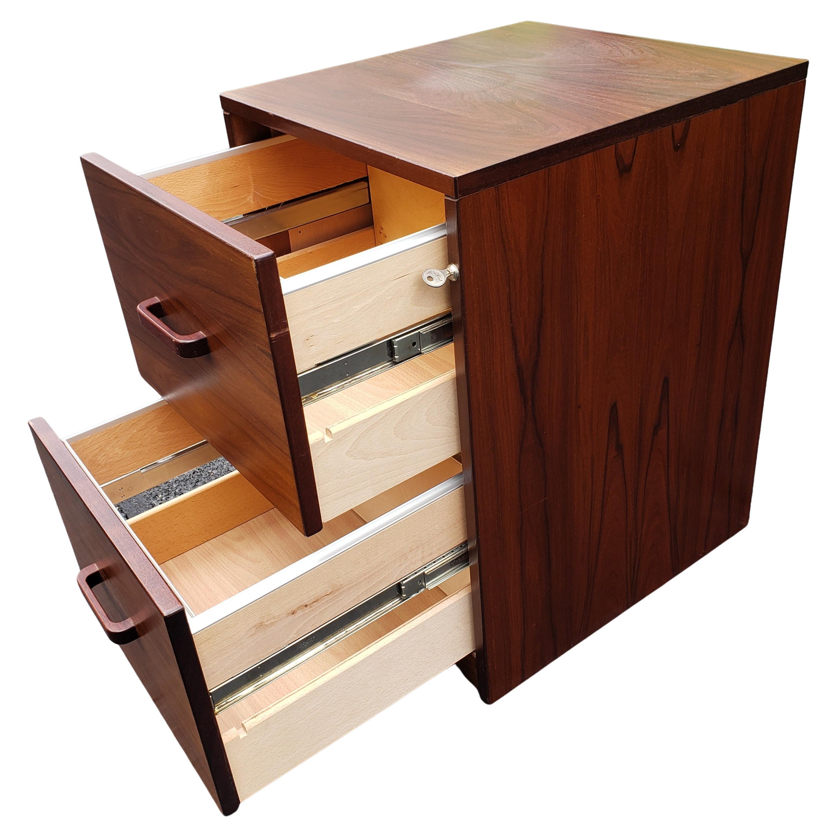 Stained Mid-20th Century Danish Modern 2-Drawer Teak Rolling Filing Cabinet with Key