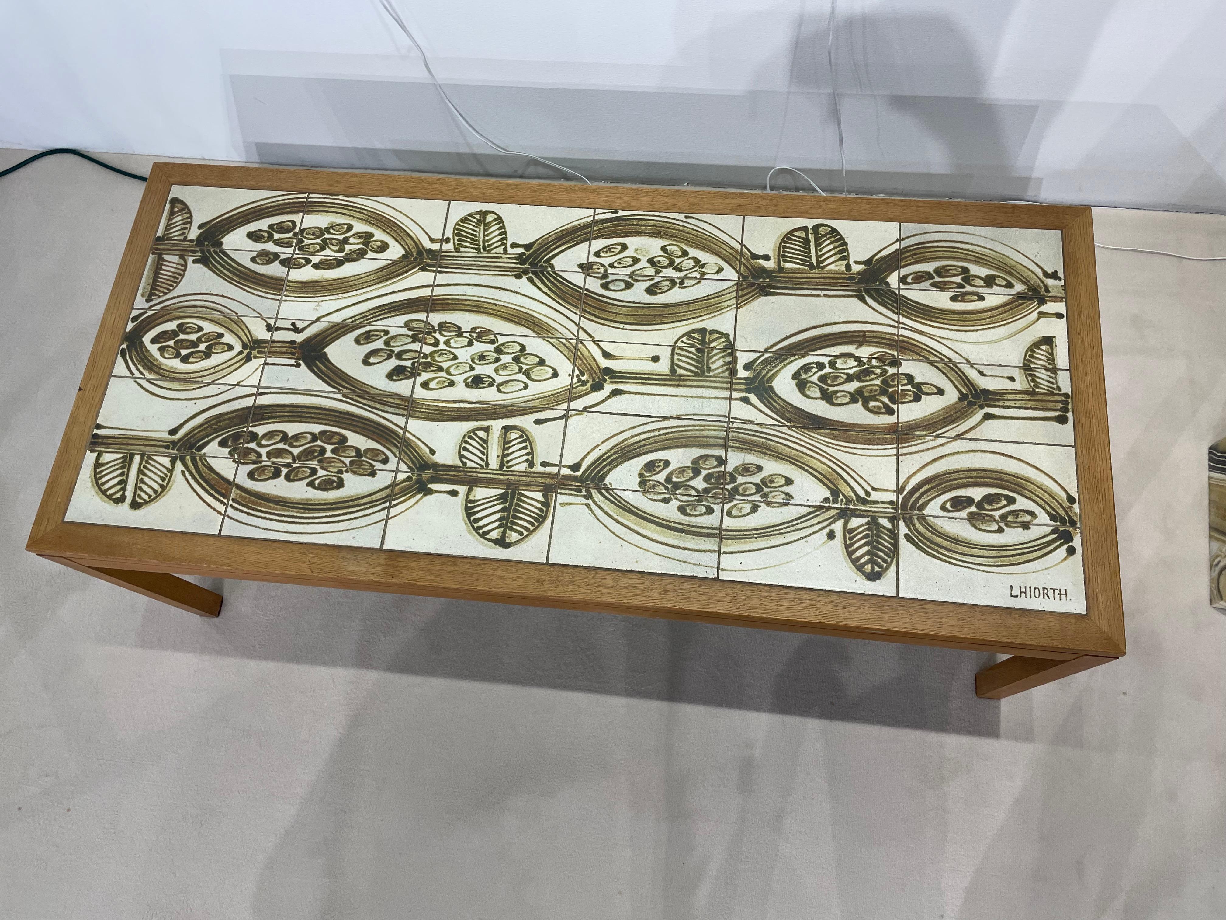 Danish Mid-Century Modern made from bright wood with inlaid hand-made white and green ceramic tiles from L.Horth circa 1960. Very decorative piece.