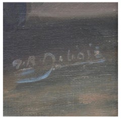 Mid 20th century Danish oil painting of blue hydrangeas in a vase