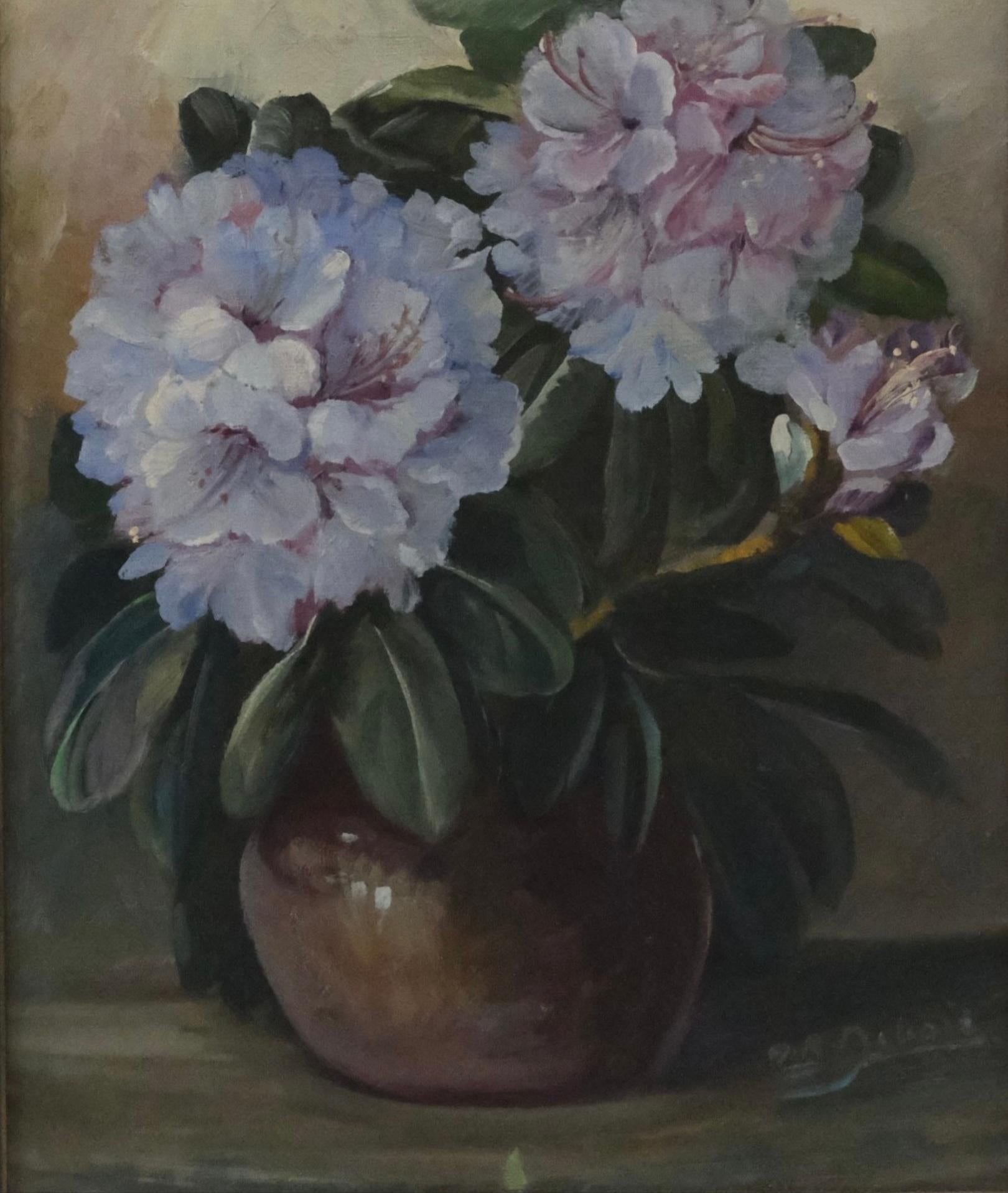 Dänisches Ölgemälde mit blauen hydrangeas in einer Vase aus der Mitte des 20. Jahrhunderts (Moderne der Mitte des Jahrhunderts) im Angebot