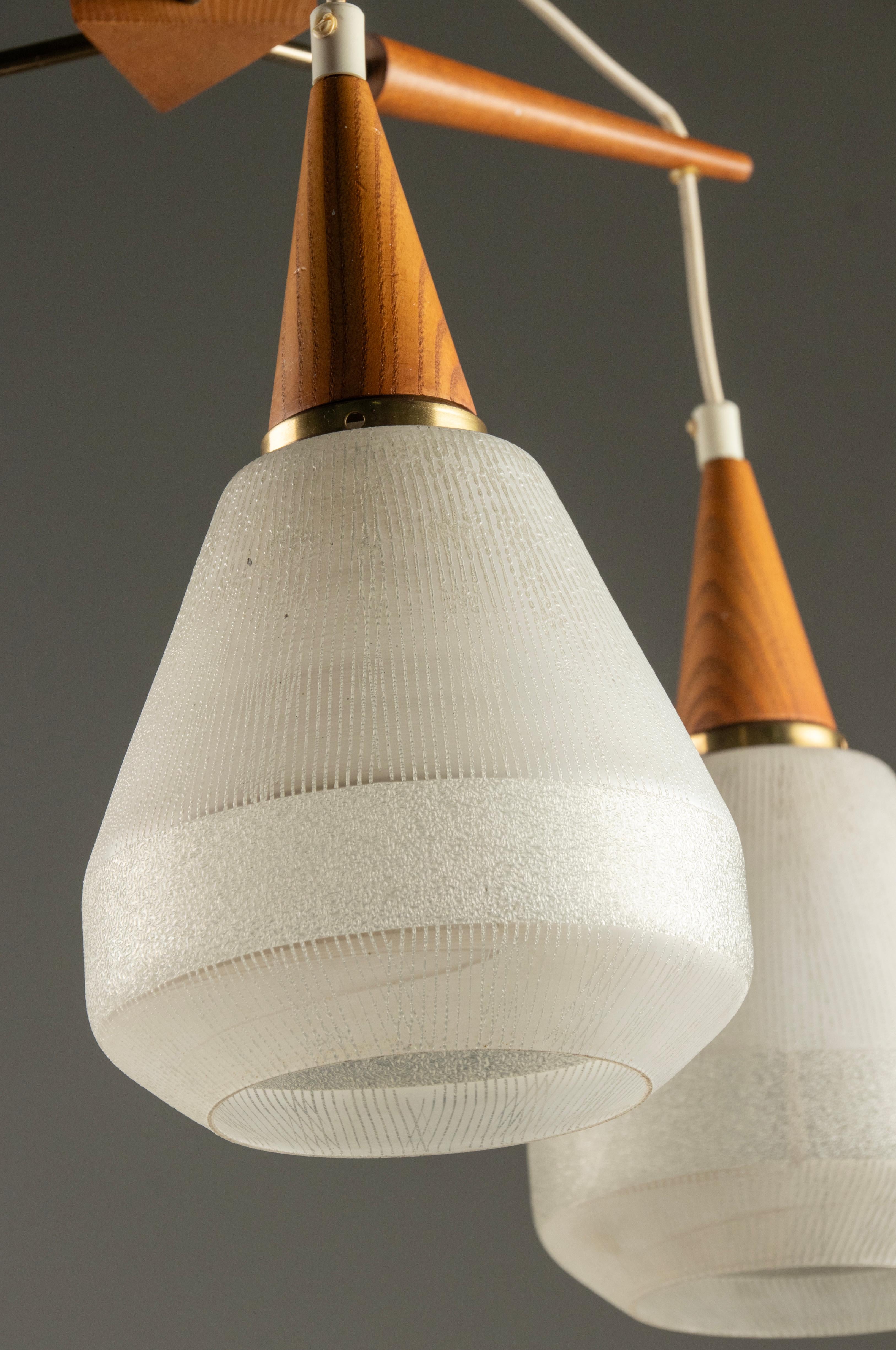 Mid 20th Century Danish Teakwood Pendant Lamp - Frosted Glass Shades For Sale 7