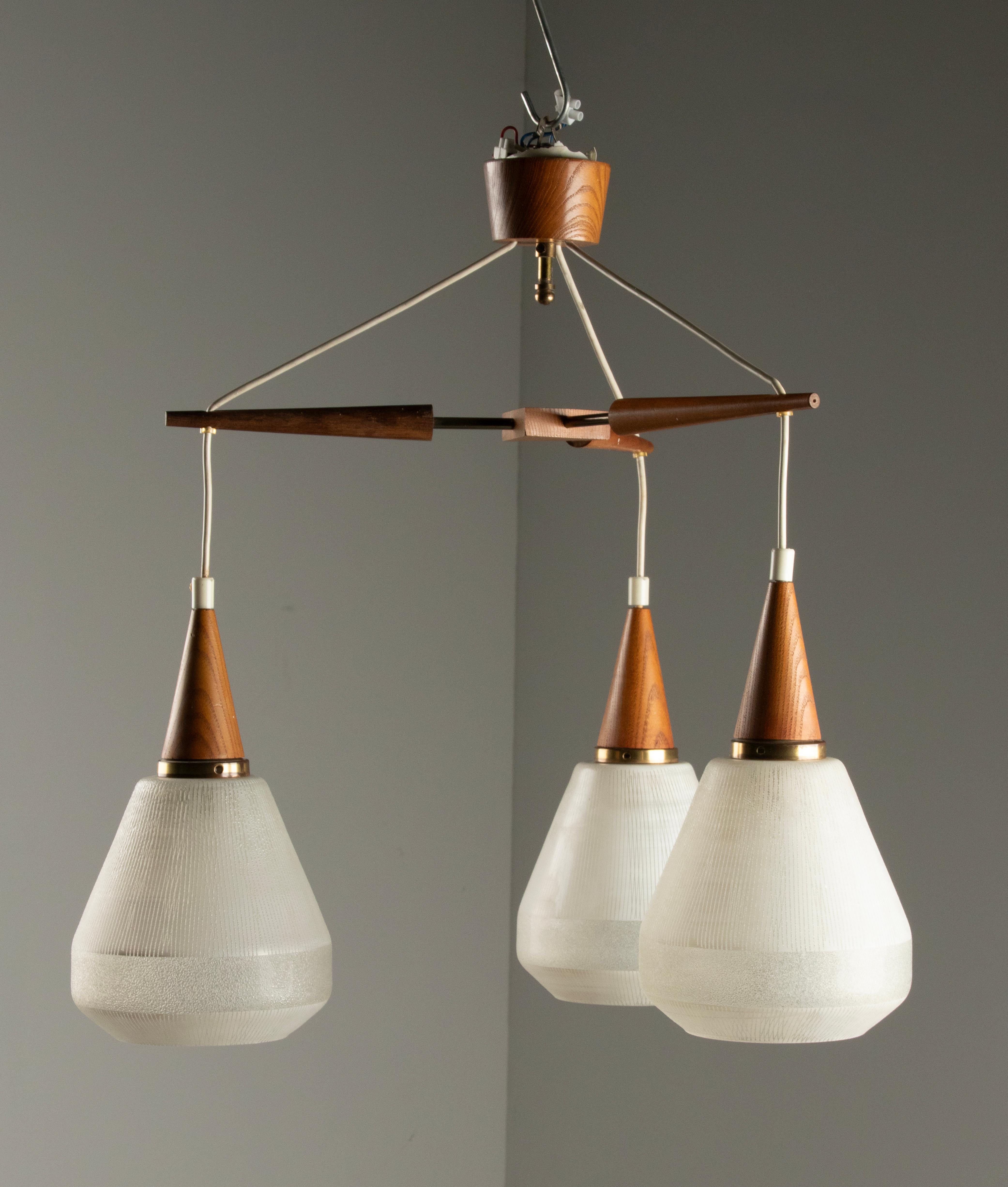 Mid 20th Century Danish Teakwood Pendant Lamp - Frosted Glass Shades For Sale 9