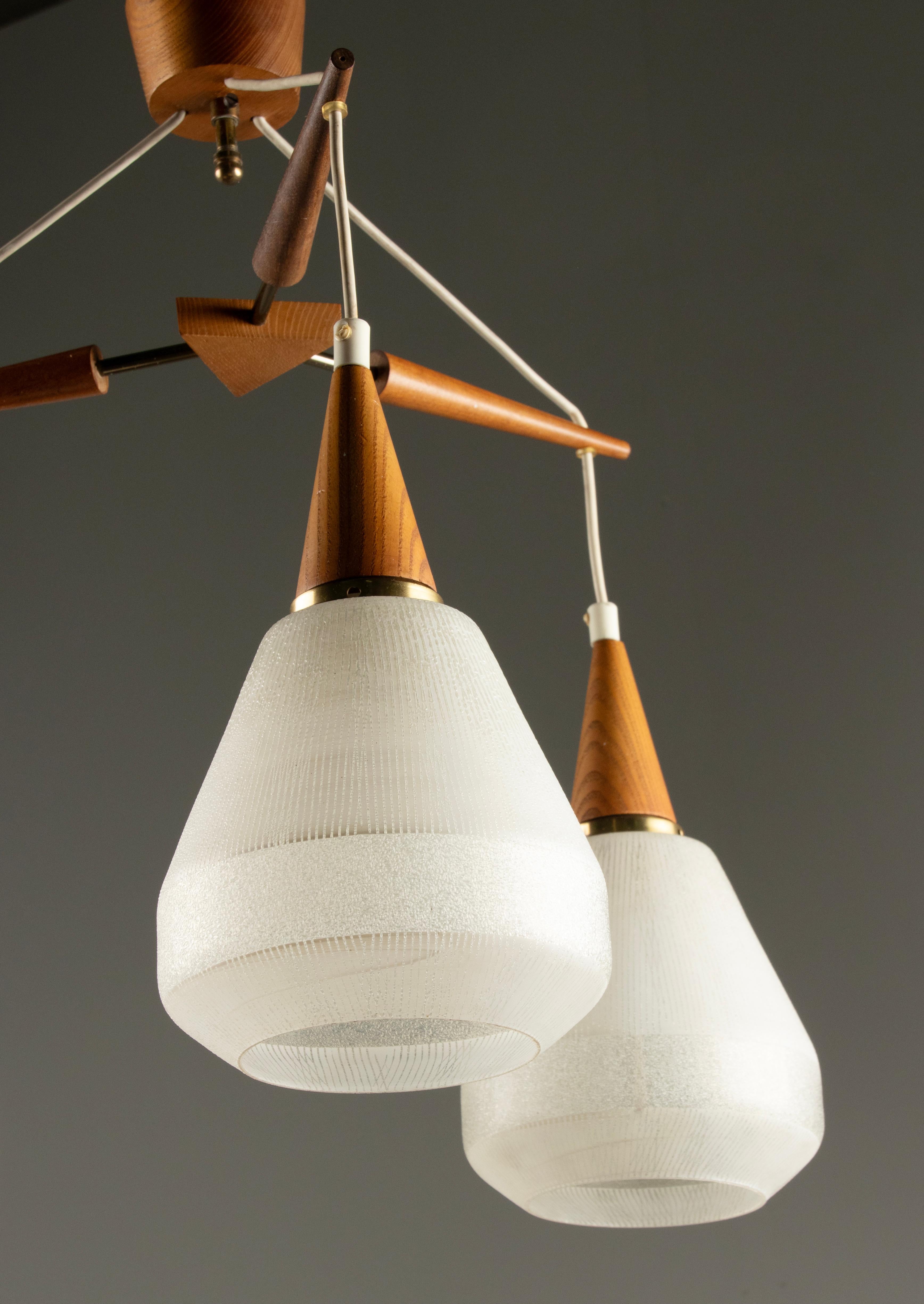 Mid 20th Century Danish Teakwood Pendant Lamp - Frosted Glass Shades For Sale 10