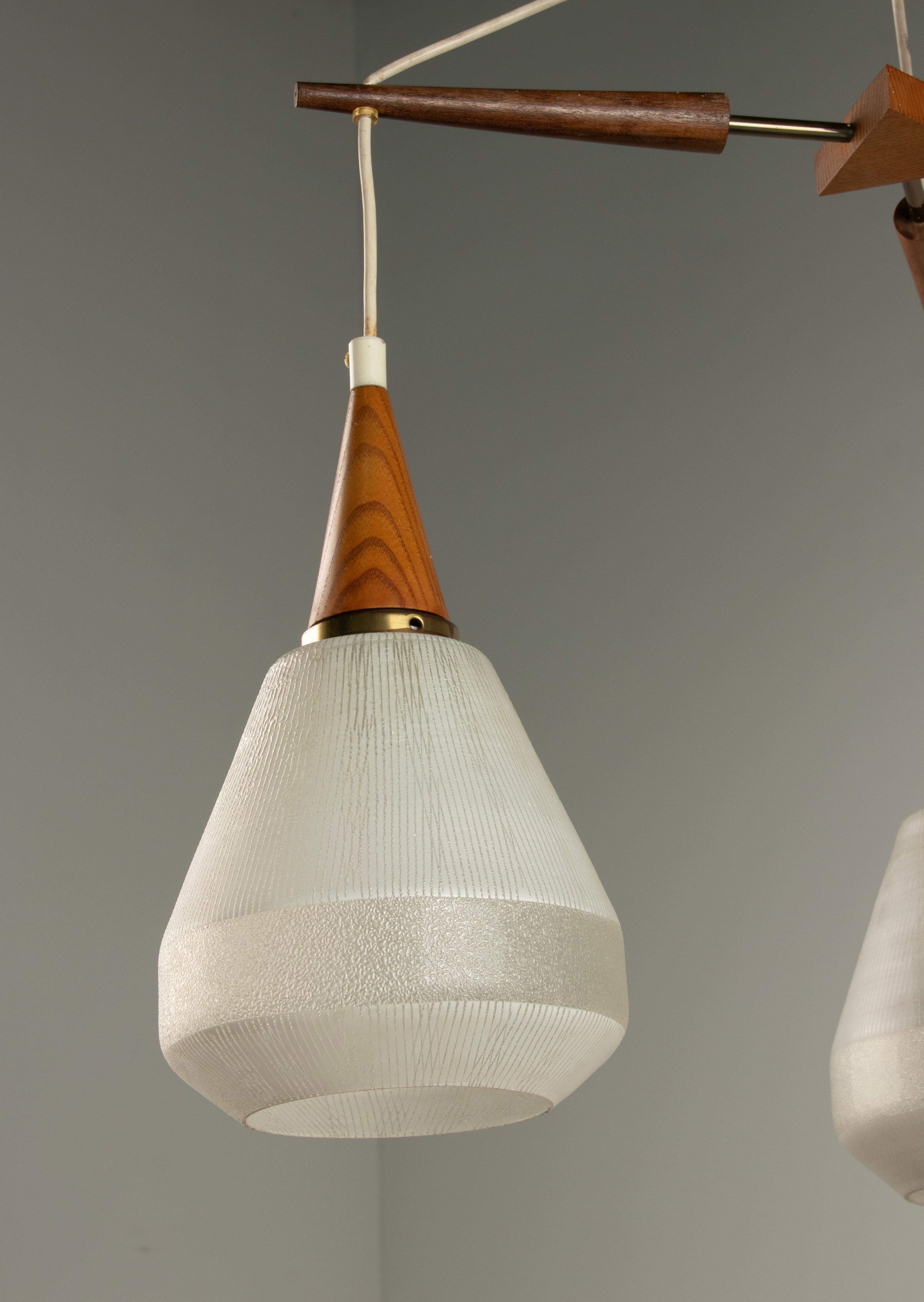 Mid 20th Century Danish Teakwood Pendant Lamp - Frosted Glass Shades For Sale 1