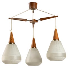 Vintage Mid 20th Century Danish Teakwood Pendant Lamp - Frosted Glass Shades