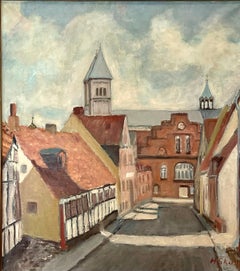 Mid 20th century Danish vintage painting with old town motive
