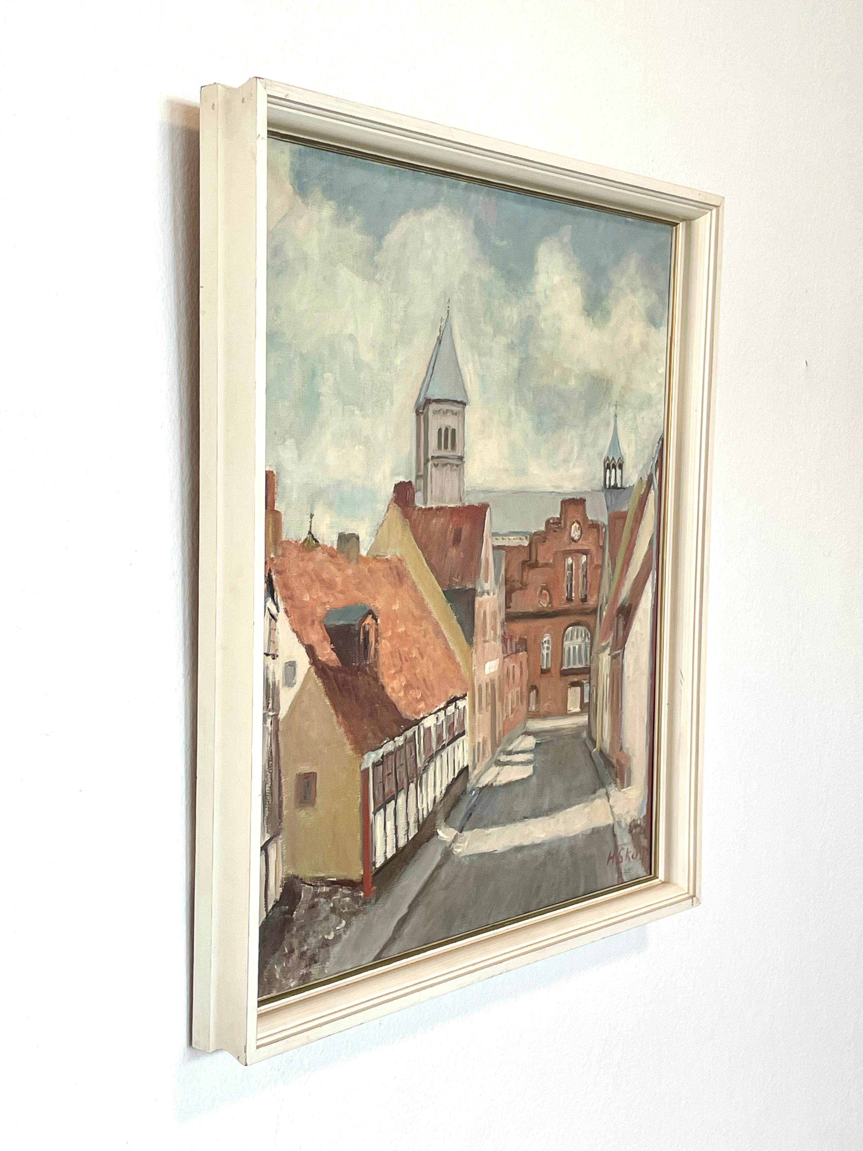 Dänisches Vintage-Gemälde mit altem Stadtmotiv aus der Mitte des 20. Jahrhunderts im Angebot 5