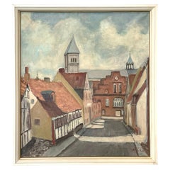 Tableau vintage danois du milieu du 20e siècle avec motif de vieille ville
