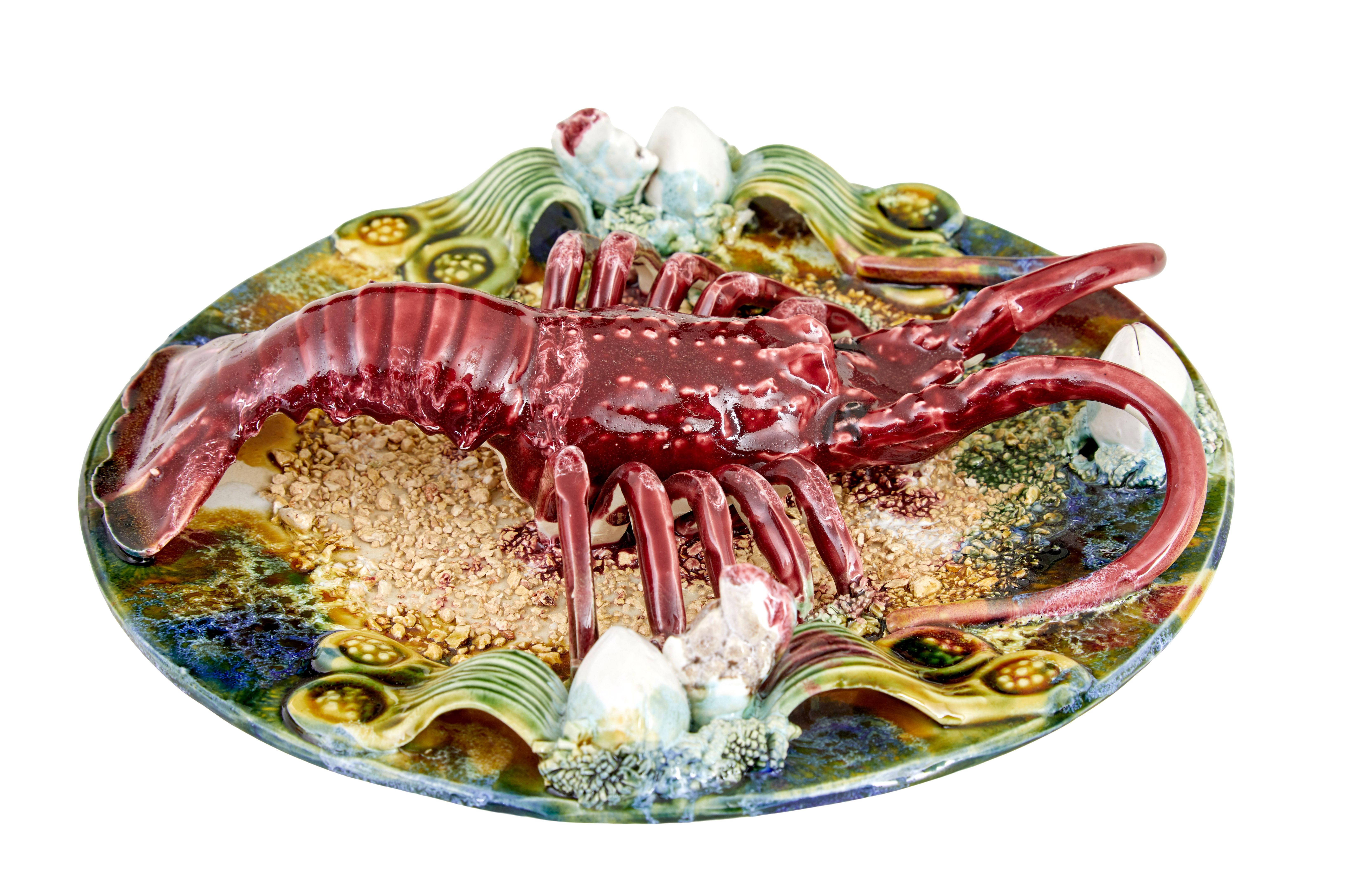 Hand-Crafted Mid 20th Century decorative palissy lobster plate For Sale